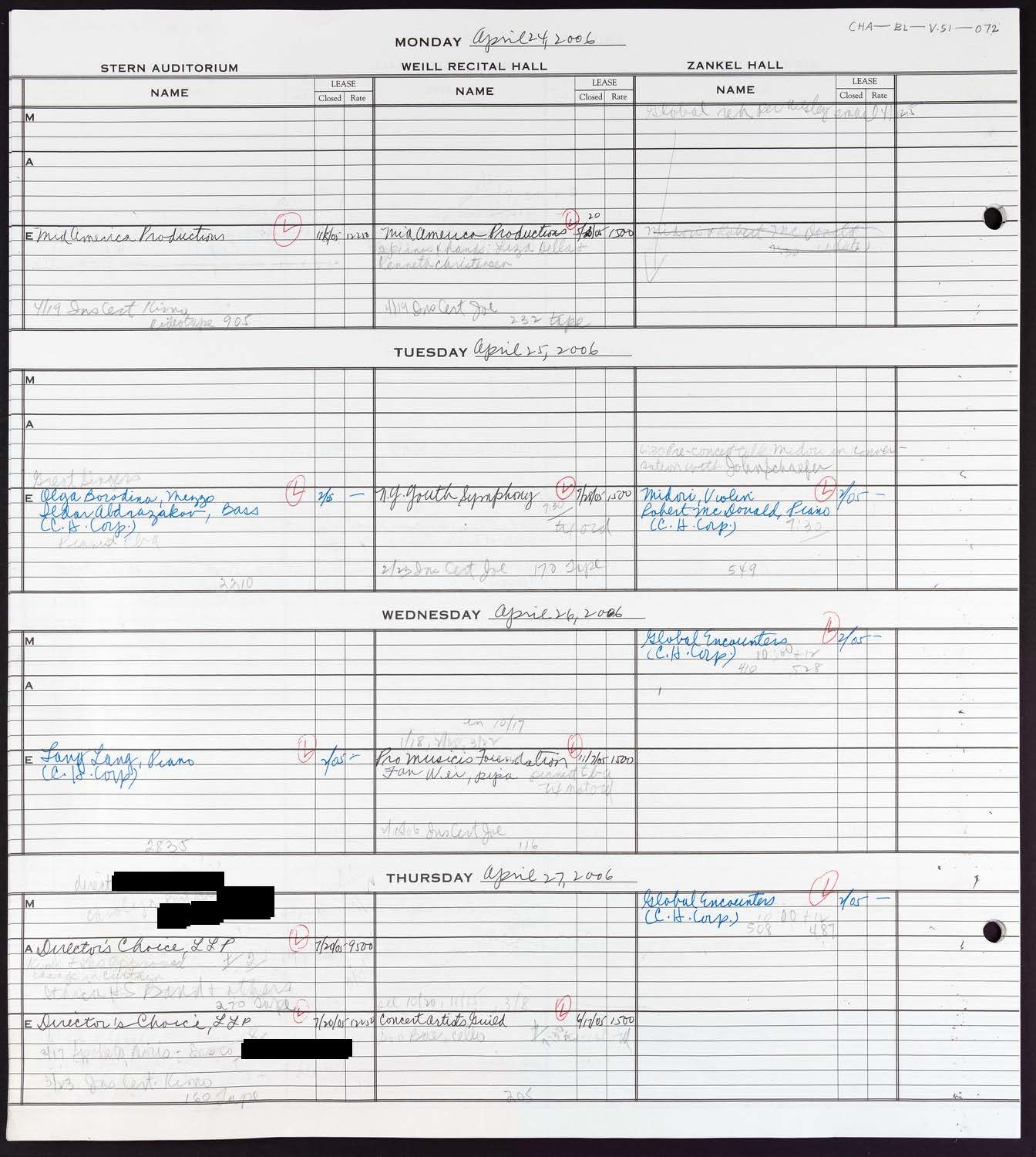 Carnegie Hall Booking Ledger, volume 51, page 72