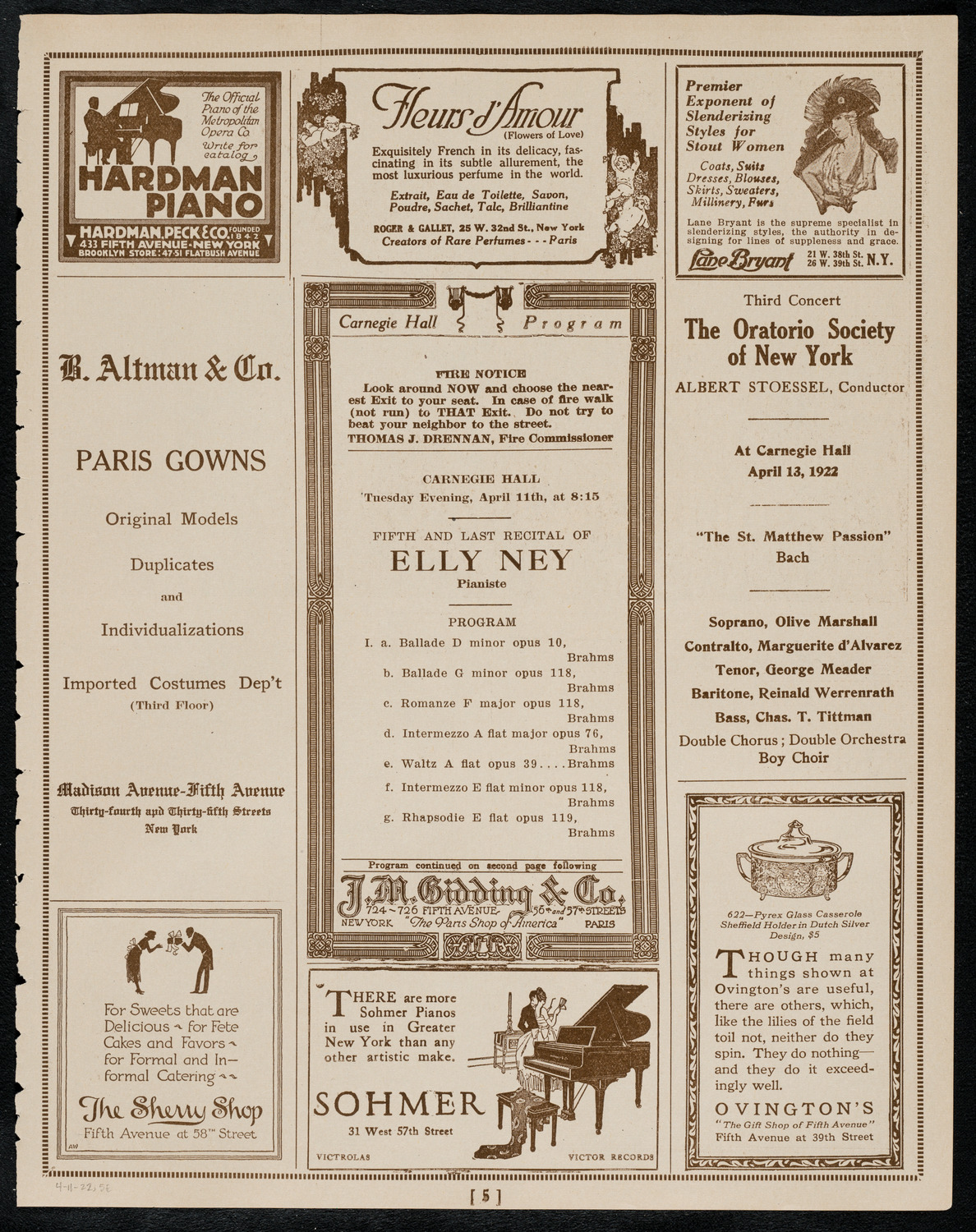 Elly Ney, Piano, April 11, 1922, program page 5