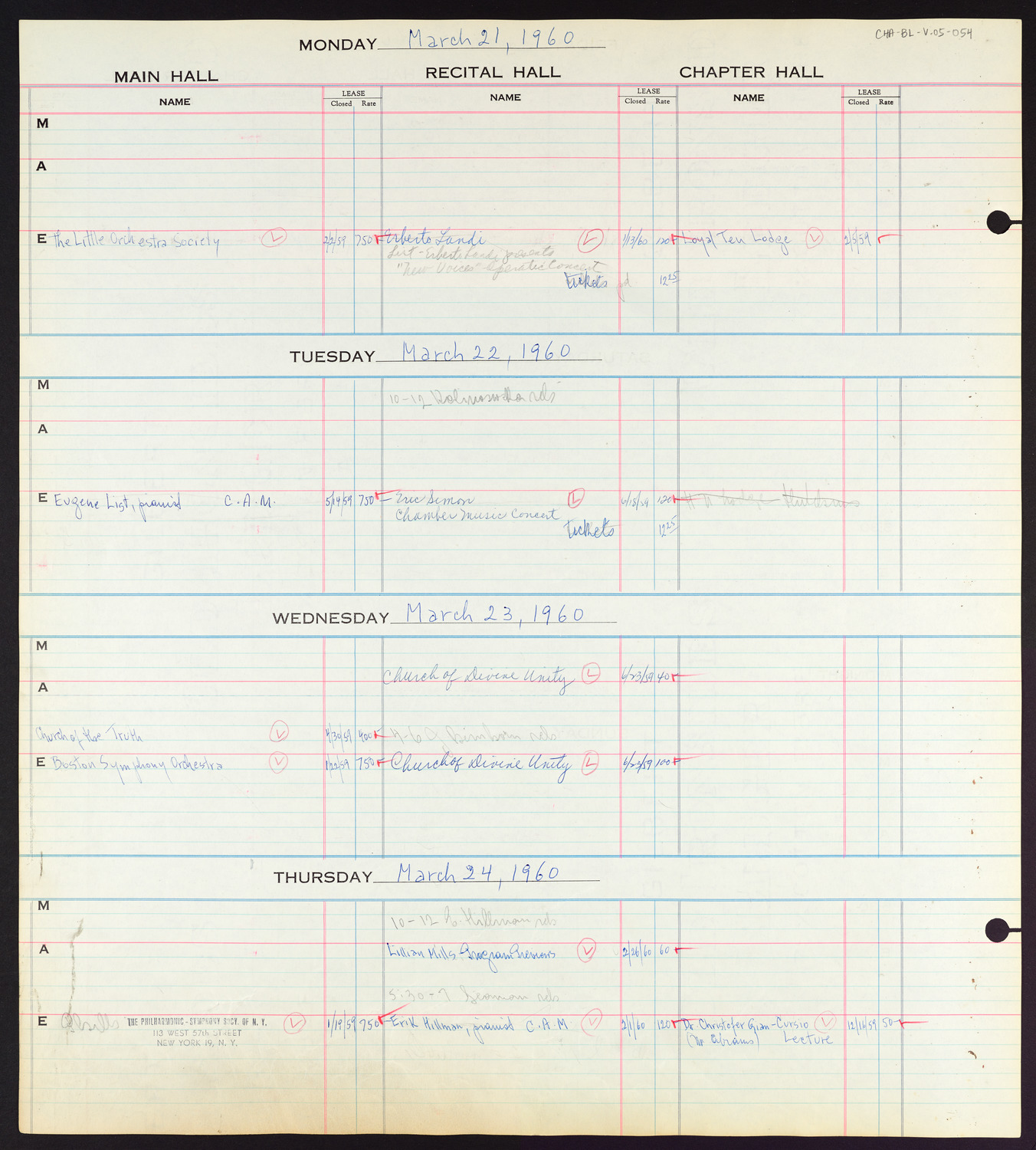 Carnegie Hall Booking Ledger, volume 5, page 54