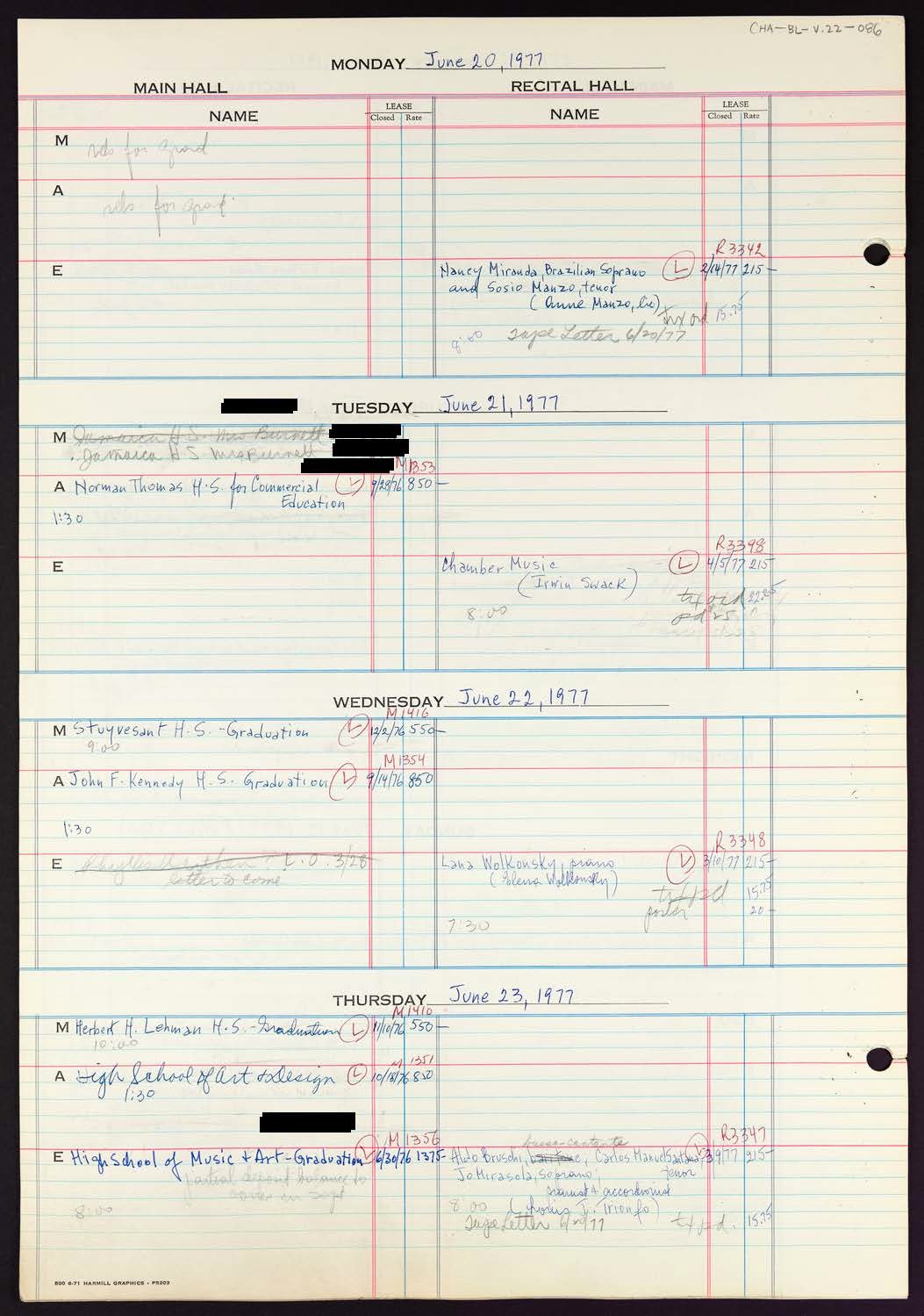 Carnegie Hall Booking Ledger, volume 22, page 86