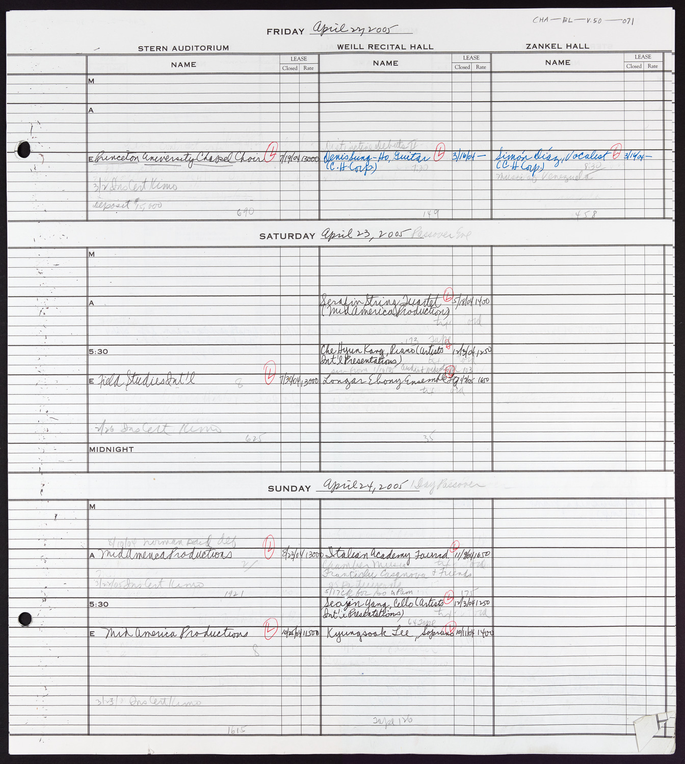 Carnegie Hall Booking Ledger, volume 50, page 71