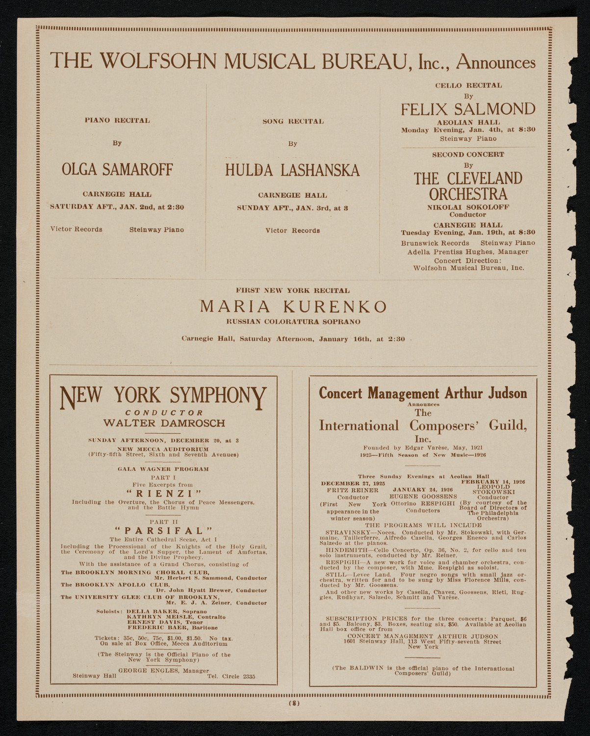 New York Philharmonic, December 19, 1925, program page 8