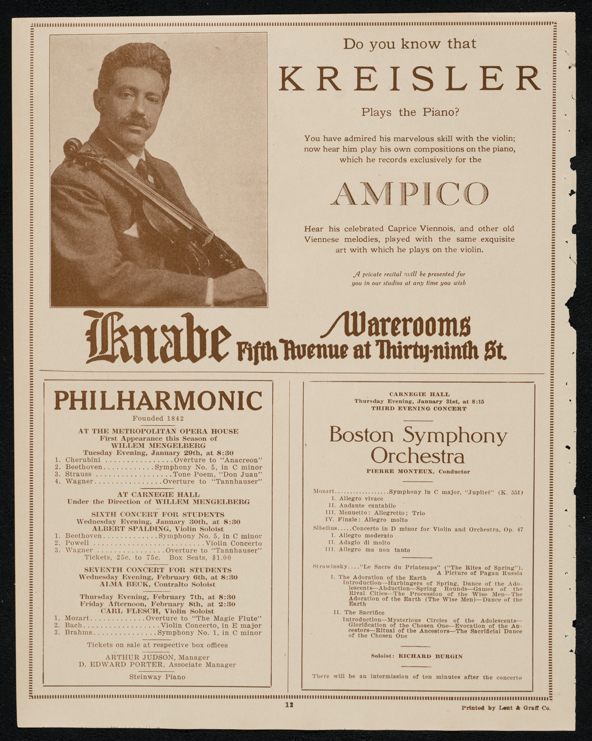 Fritz Kreisler, Violin, and Lionel Tertis, Viola, January 29, 1924, program page 12