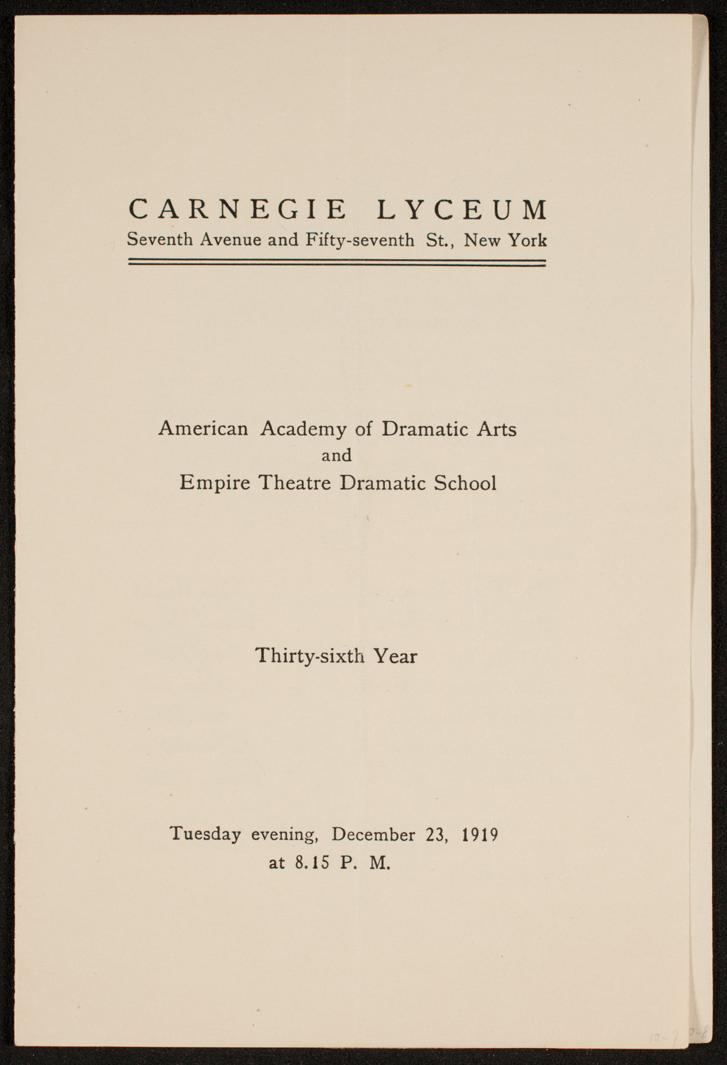 American Academy of Dramatic Arts/ Empire Theatre Dramatic School Dress Rehearsal, December 23, 1919, program page 1