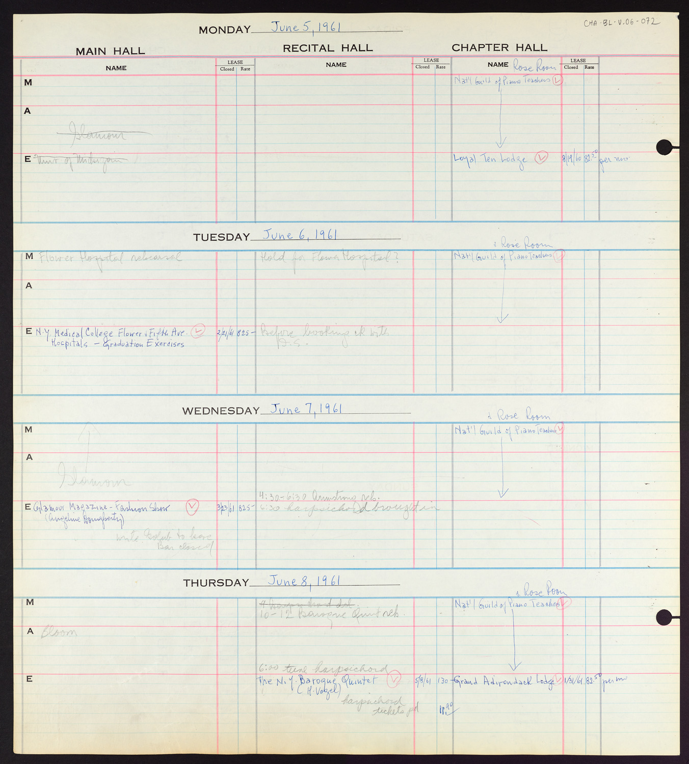 Carnegie Hall Booking Ledger, volume 6, page 72