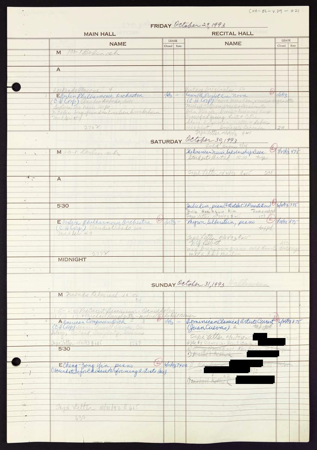 Carnegie Hall Booking Ledger, volume 39, page 21