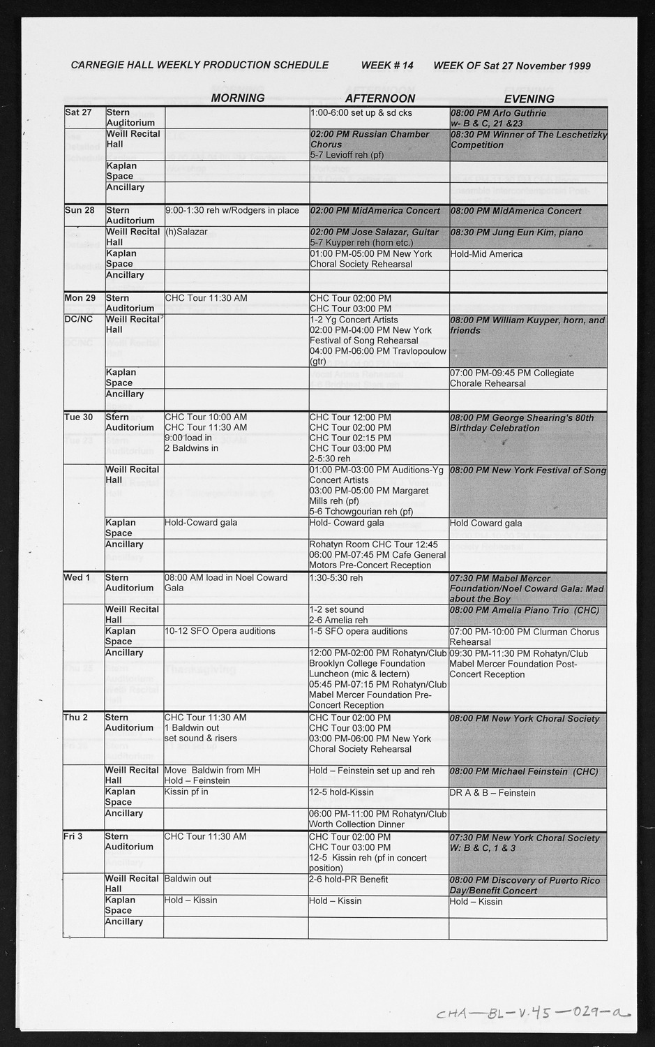 Carnegie Hall Booking Ledger, volume 45, page 29a