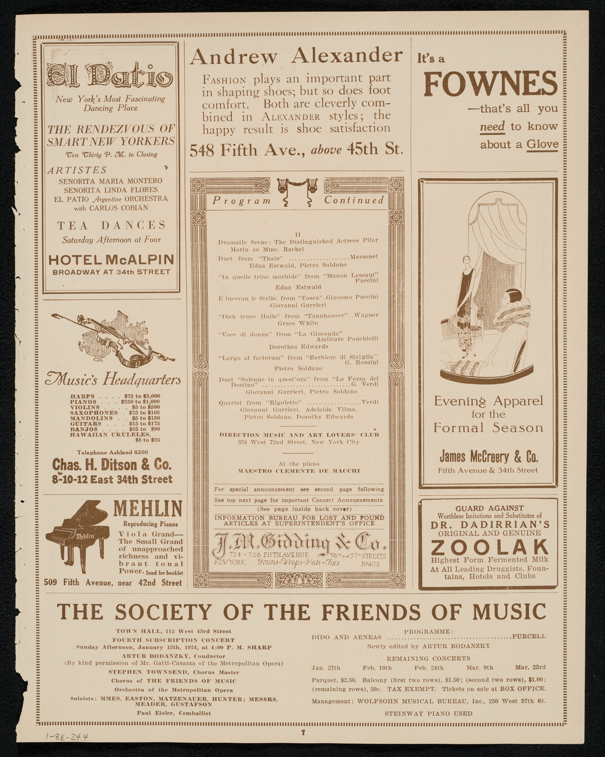 Benefit: Music and Art Lovers' Club, January 8, 1924, program page 7