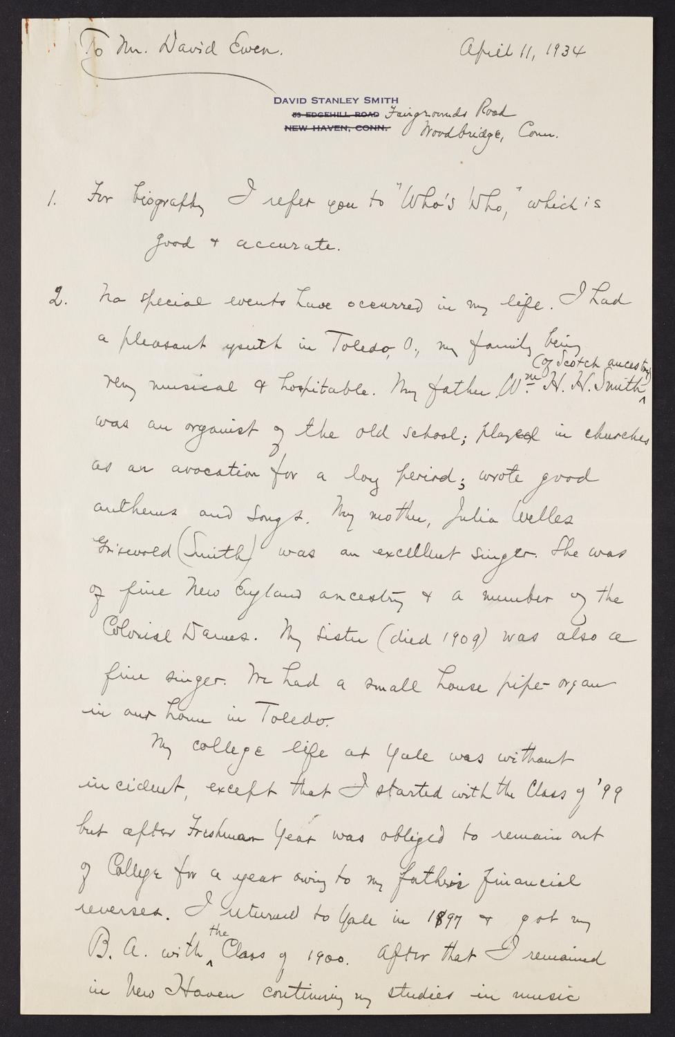 Correspondence from David Stanley Smith to David Ewen, page 1 of 5