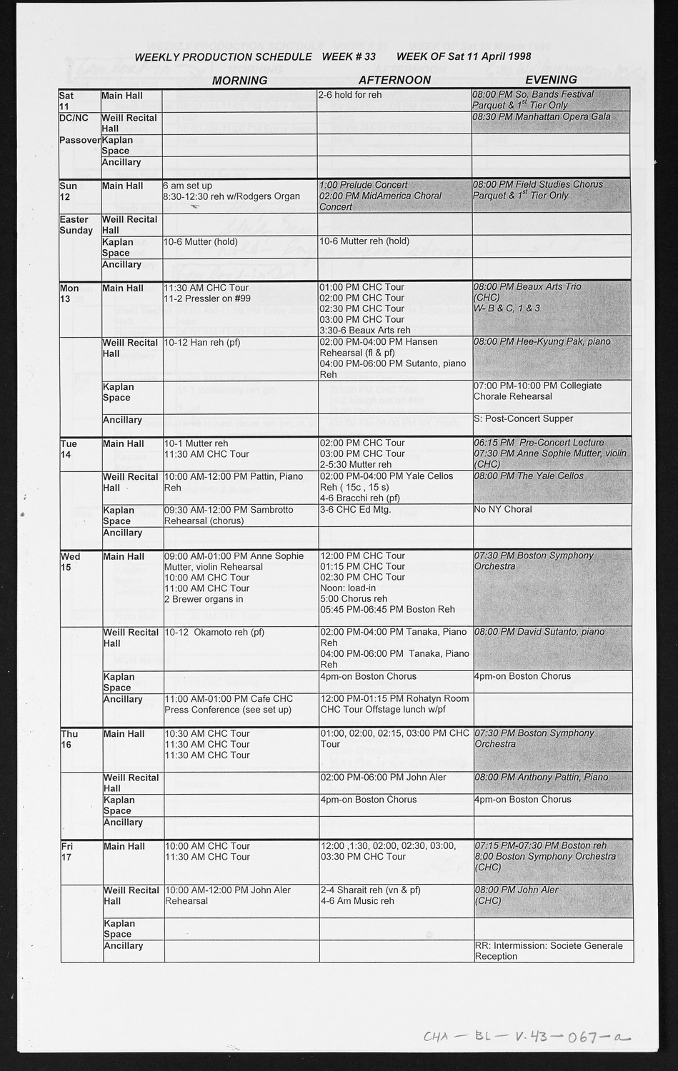 Carnegie Hall Booking Ledger, volume 43, page 67a