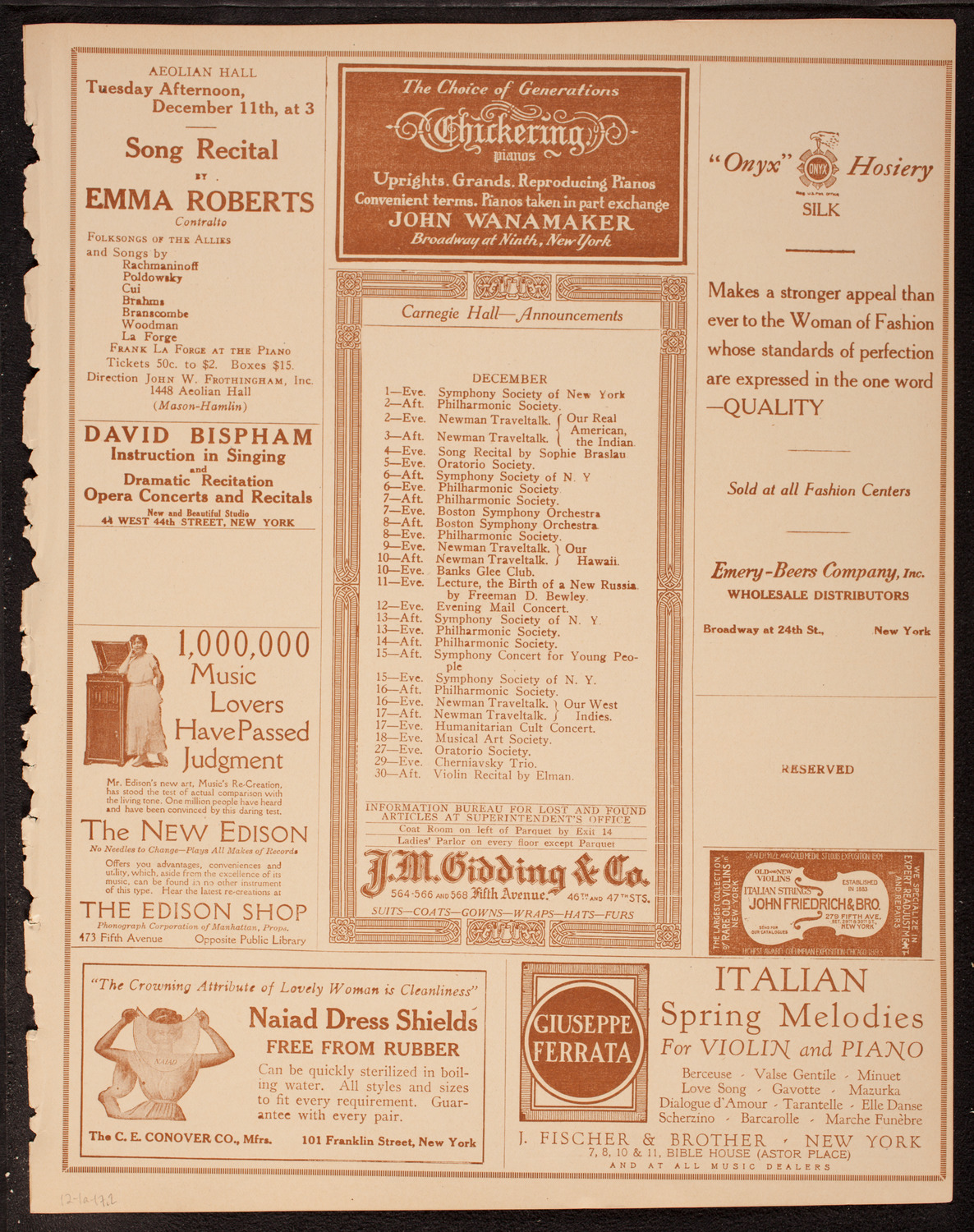 Jascha Heifetz, Violin, December 1, 1917, program page 3