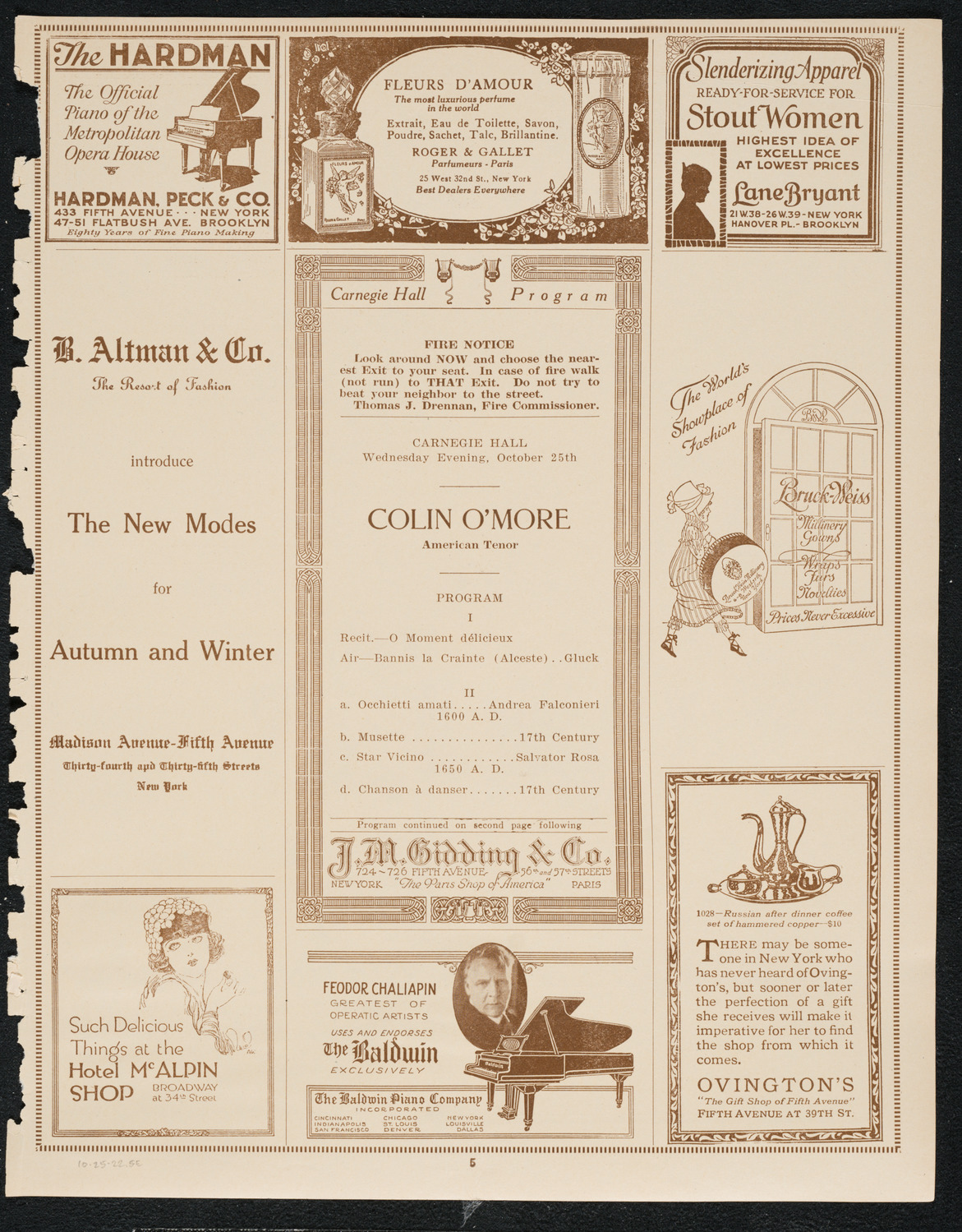 Colin O'More, Tenor, October 25, 1922, program page 5