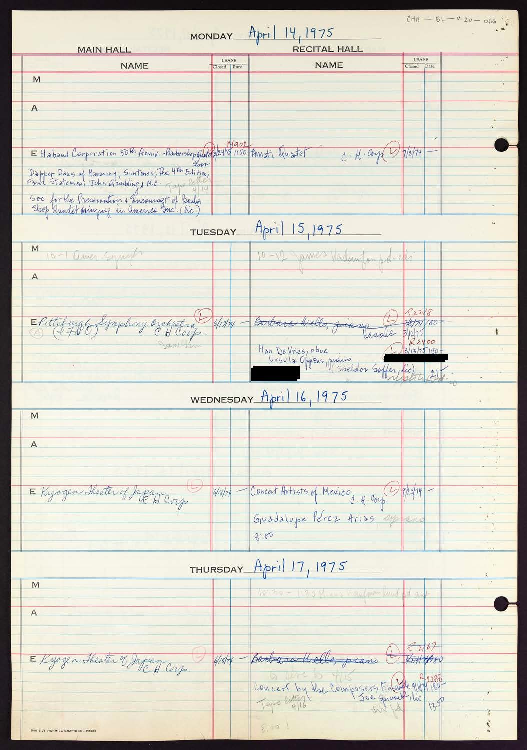 Carnegie Hall Booking Ledger, volume 20, page 66