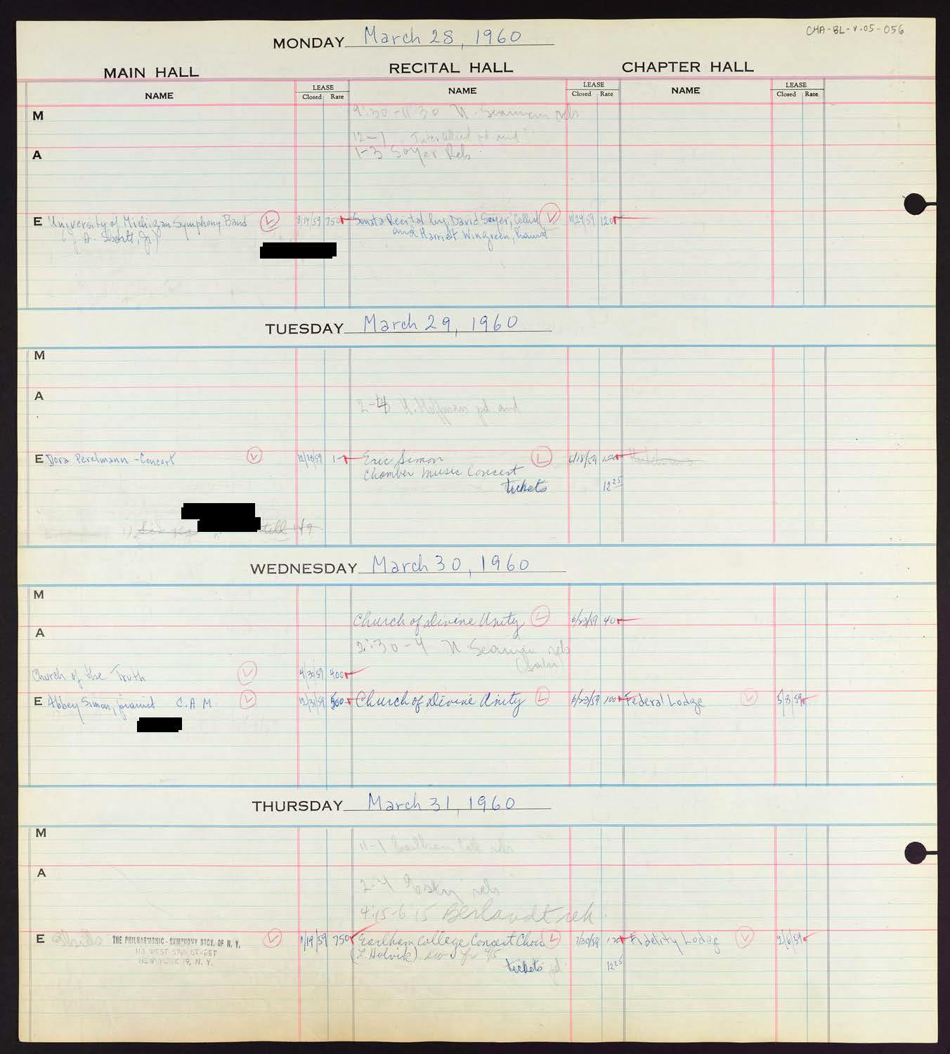 Carnegie Hall Booking Ledger, volume 5, page 56