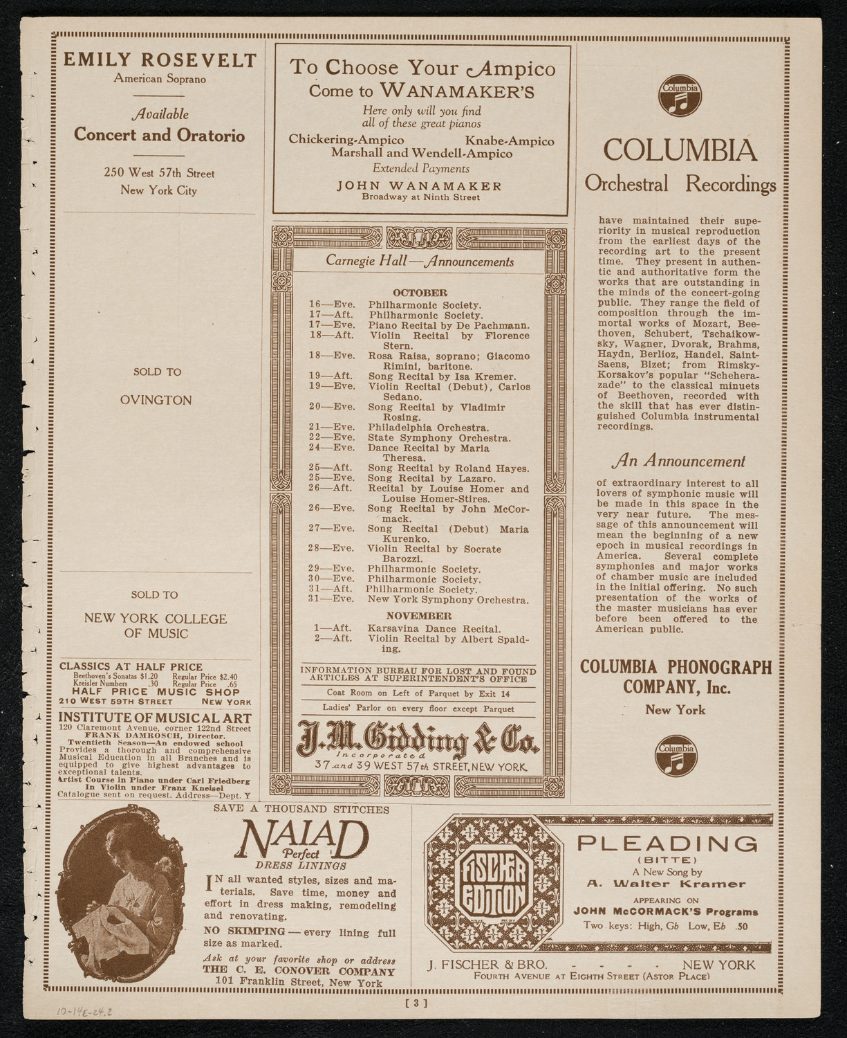 Sebastian Droste and Countess Mlodecki, October 14, 1924, program page 3