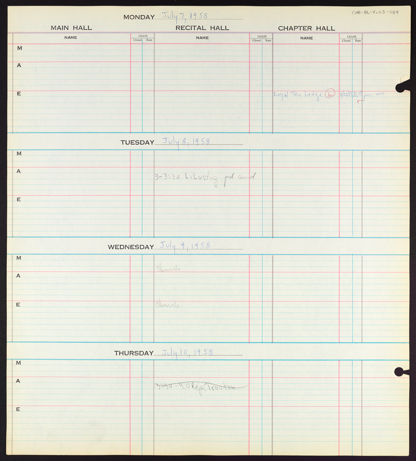 Carnegie Hall Booking Ledger, volume 3, page 84