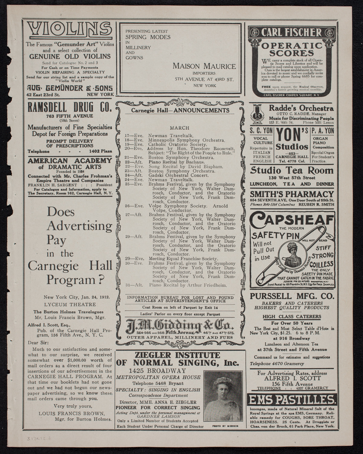 People's Symphony Concert, March 17, 1912, program page 3