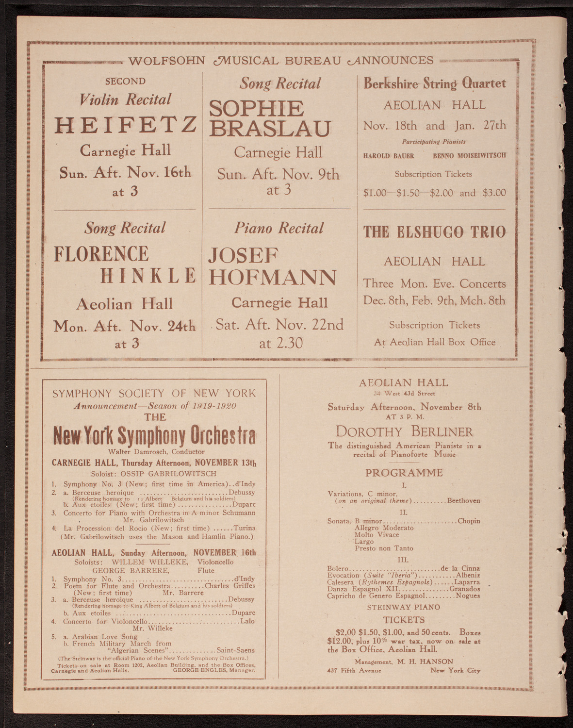 New Symphony Orchestra, November 7, 1919, program page 8