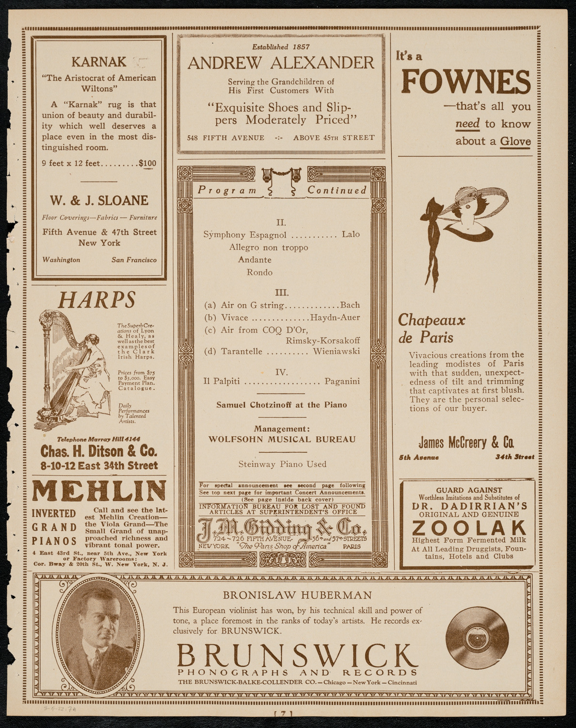 Jascha Heifetz, Violin, March 5, 1922, program page 7