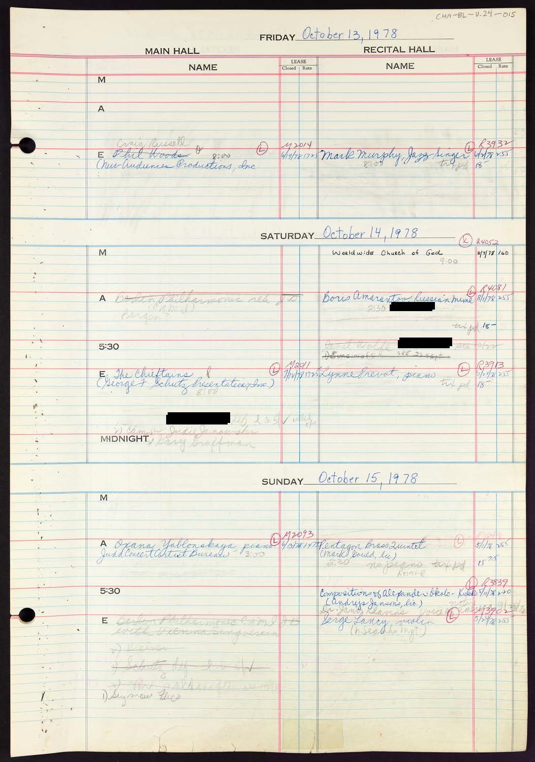 Carnegie Hall Booking Ledger, volume 24, page 15