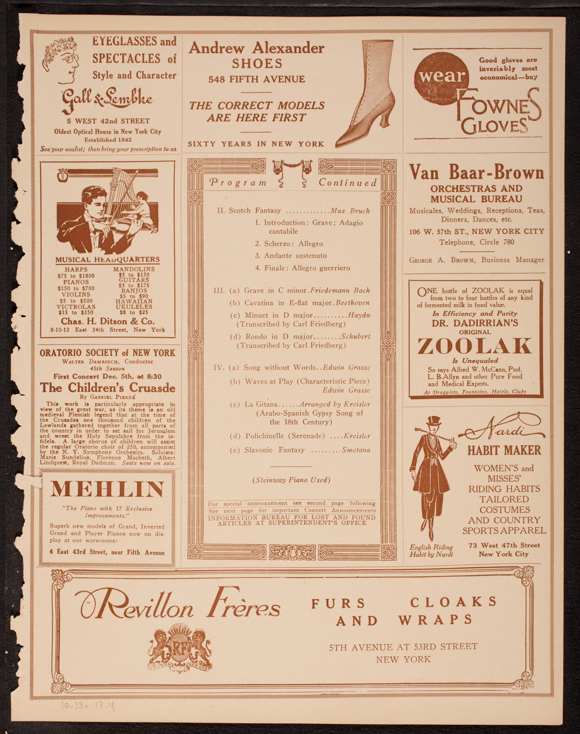 Fritz Kreisler, Violin, October 28, 1917, program page 7