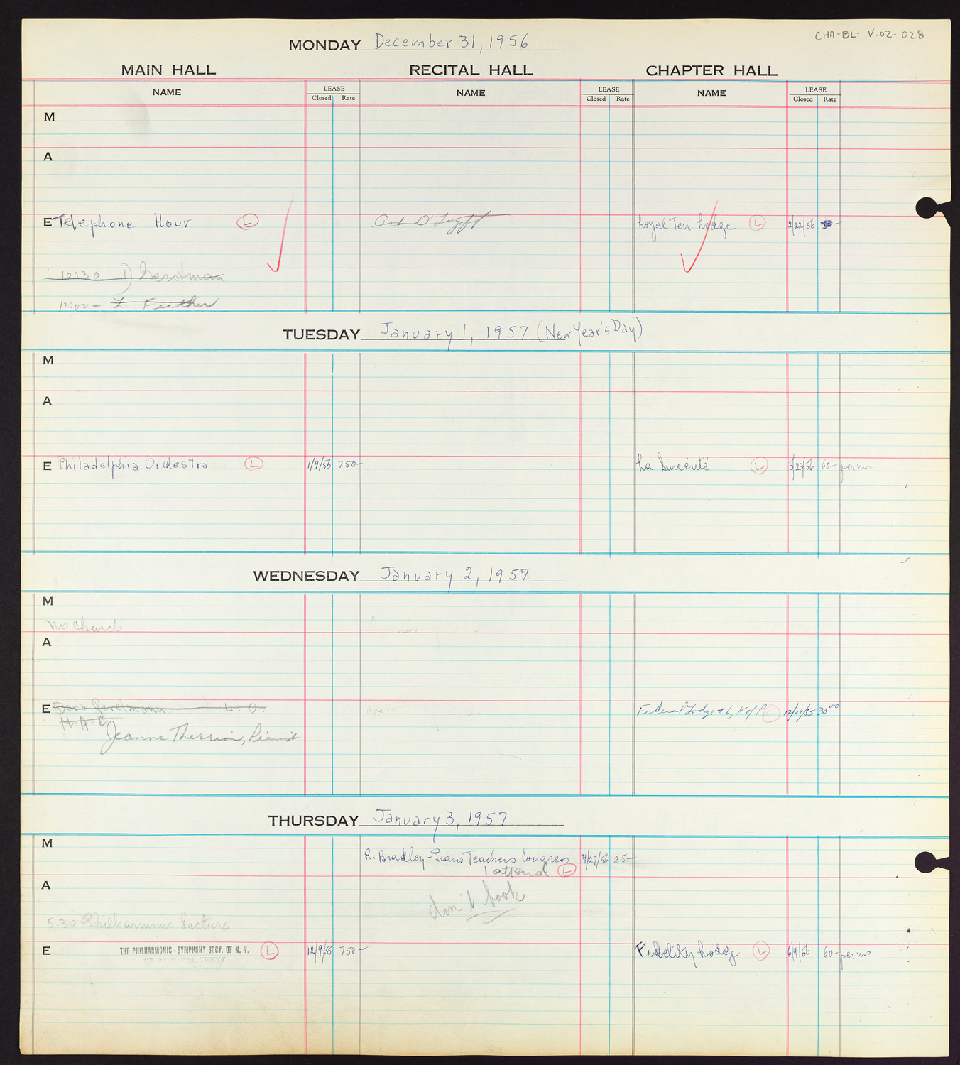 Carnegie Hall Booking Ledger, volume 2, page 28