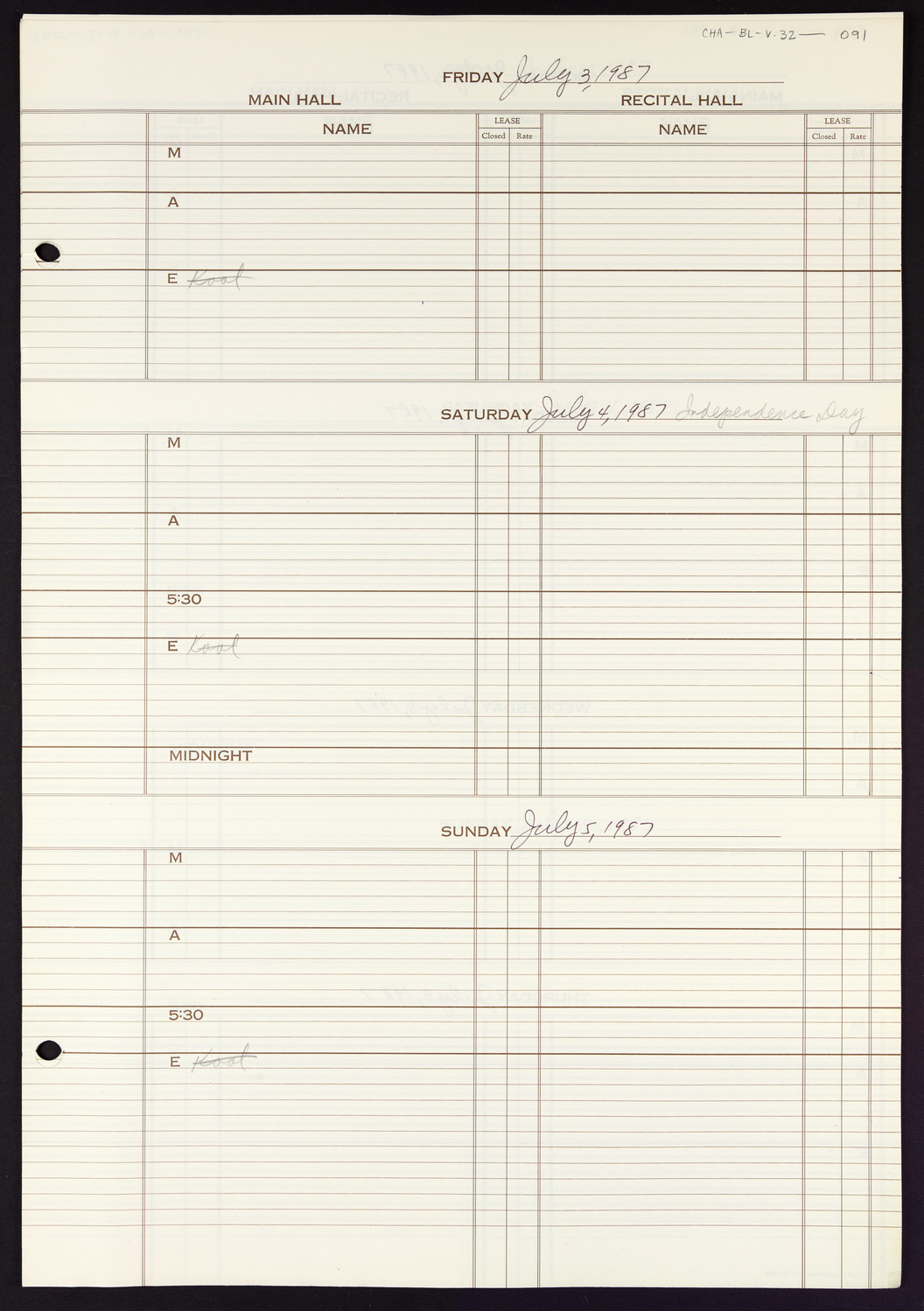 Carnegie Hall Booking Ledger, volume 32, page 91