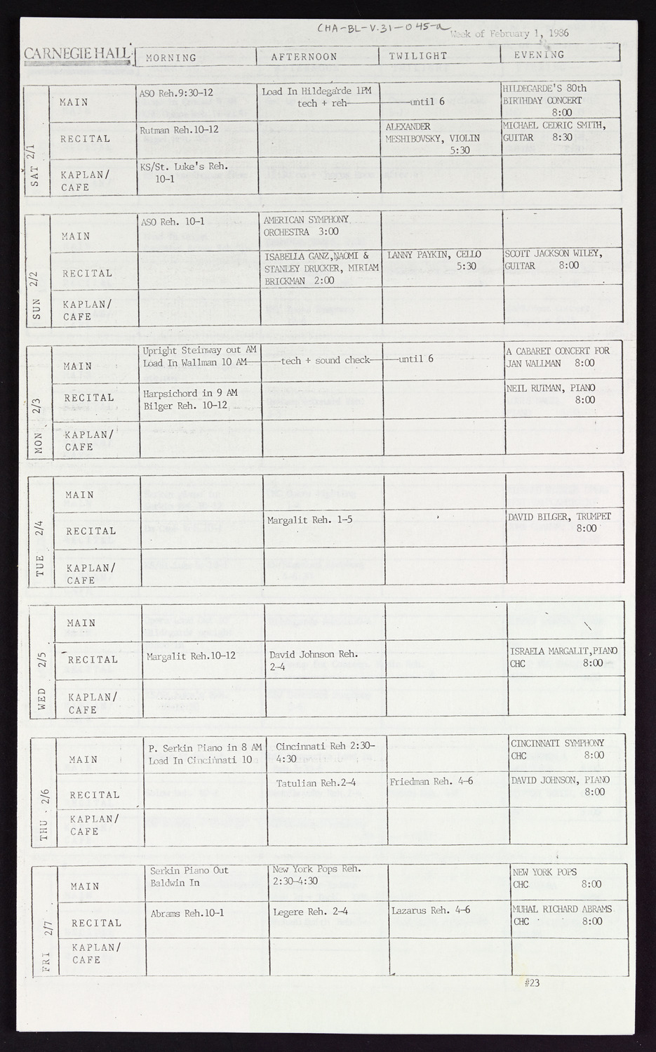 Carnegie Hall Booking Ledger, volume 31, page 45a