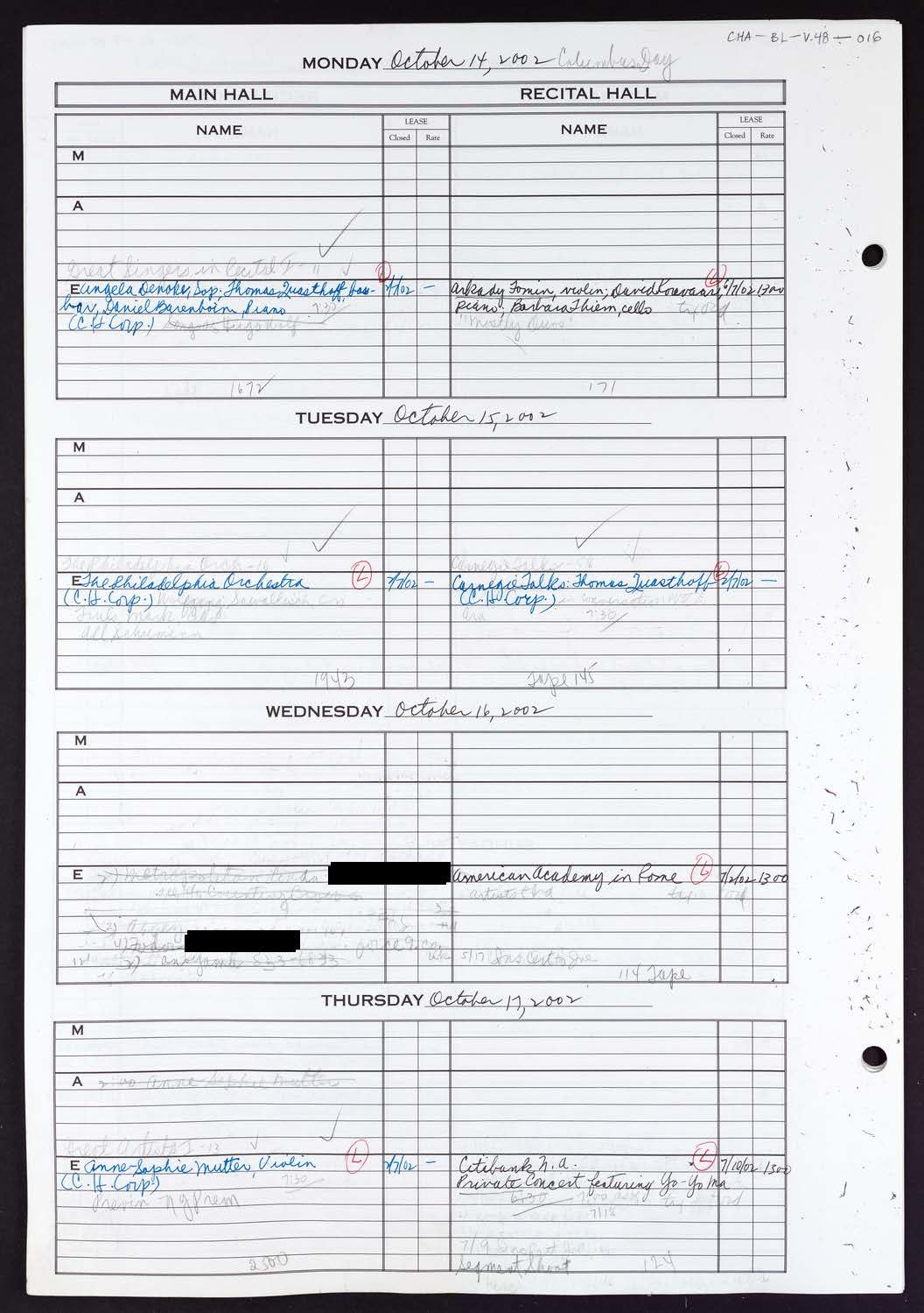 Carnegie Hall Booking Ledger, volume 48, page 16