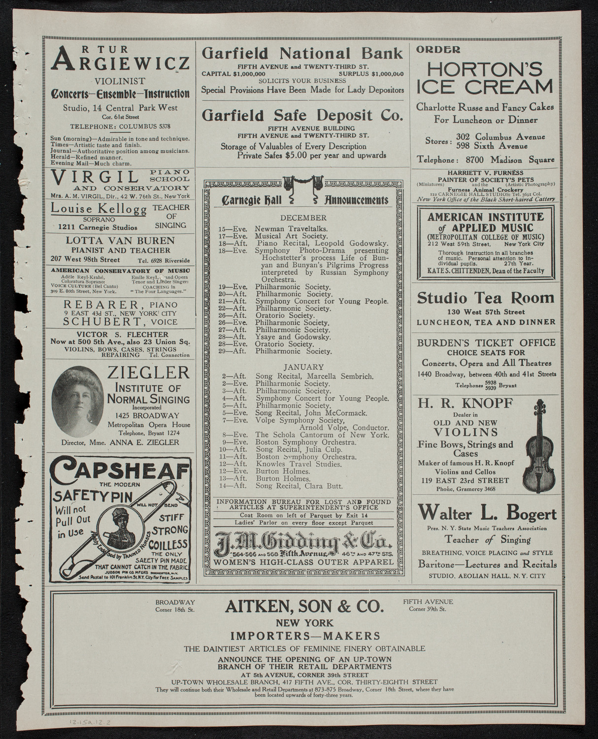 People's Symphony Concert, December 15, 1912, program page 3