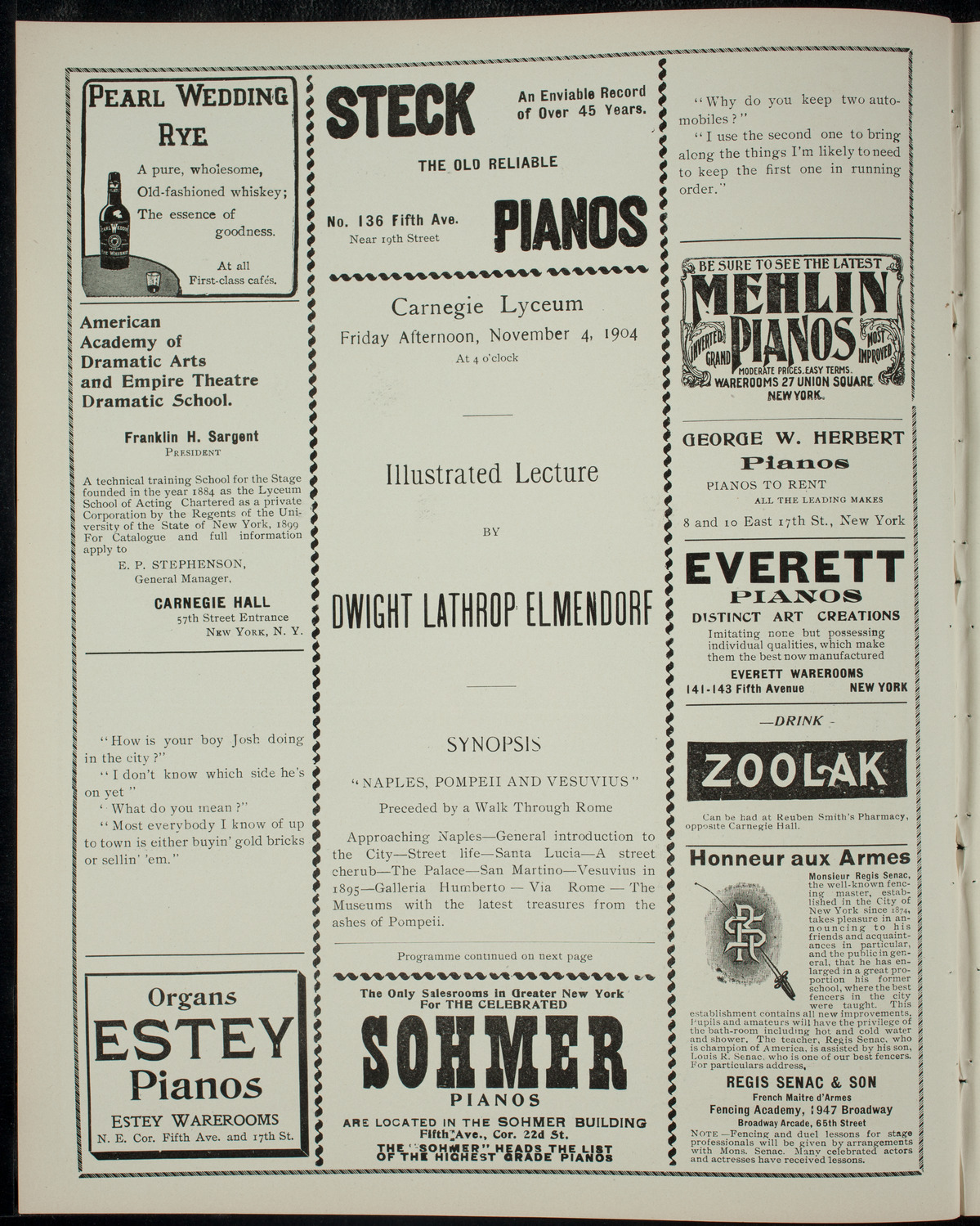 Elmendorf Lecture: Naples, Pompeii, and Vesuvius, November 4, 1904, program page 2