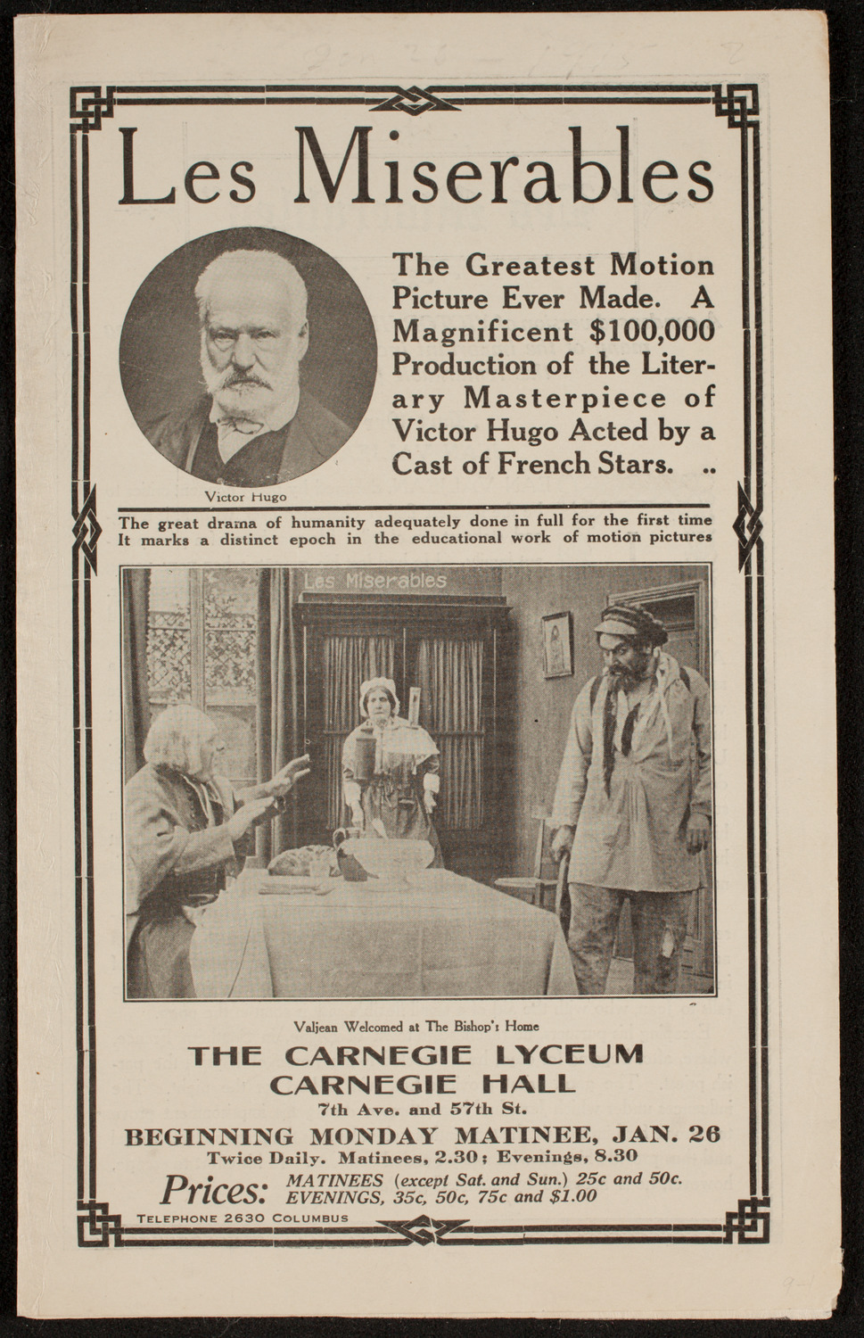 Film: Les Miserables, January 26, 1914, program page 1