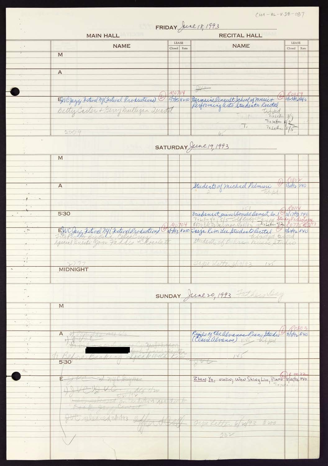 Carnegie Hall Booking Ledger, volume 38, page 87