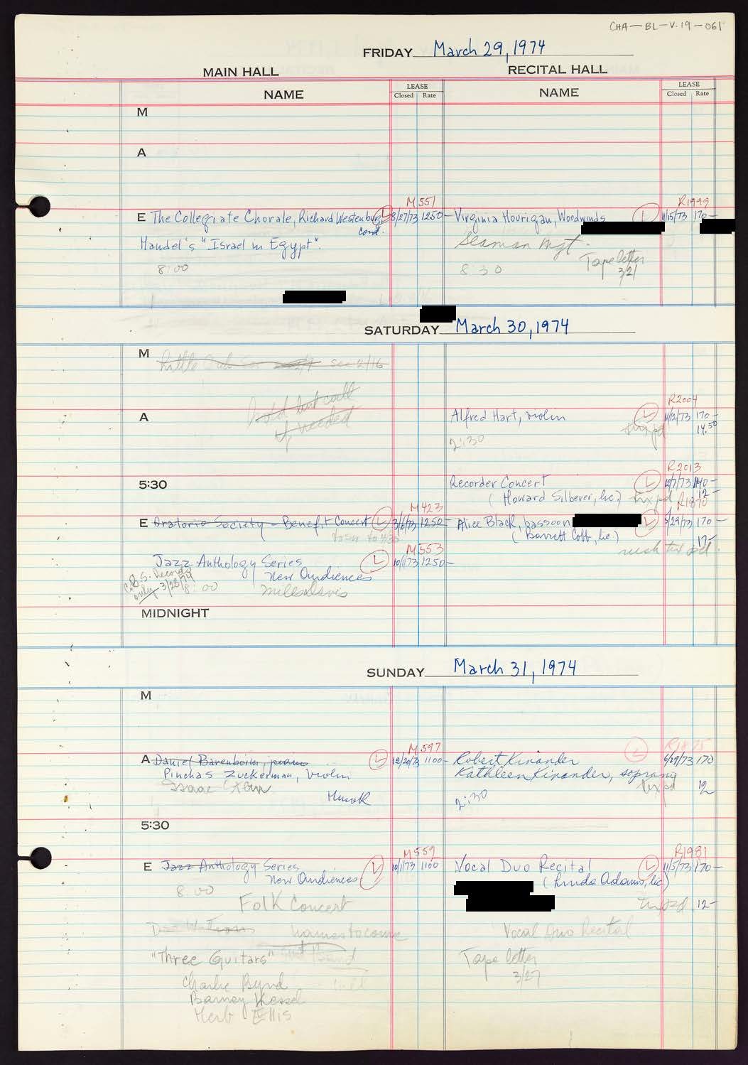 Carnegie Hall Booking Ledger, volume 19, page 61