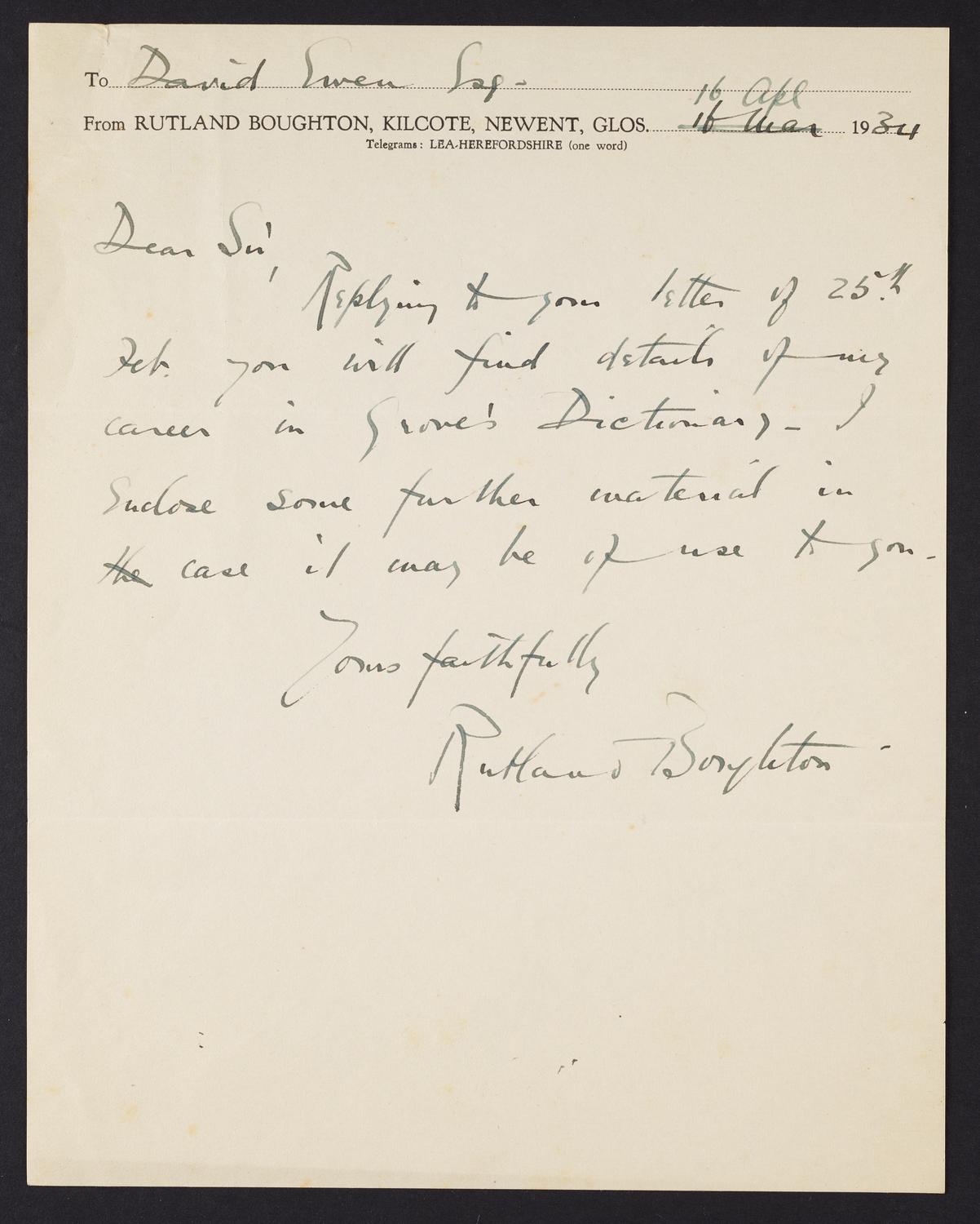 Correspondence from Rutland Boughton to David Ewen