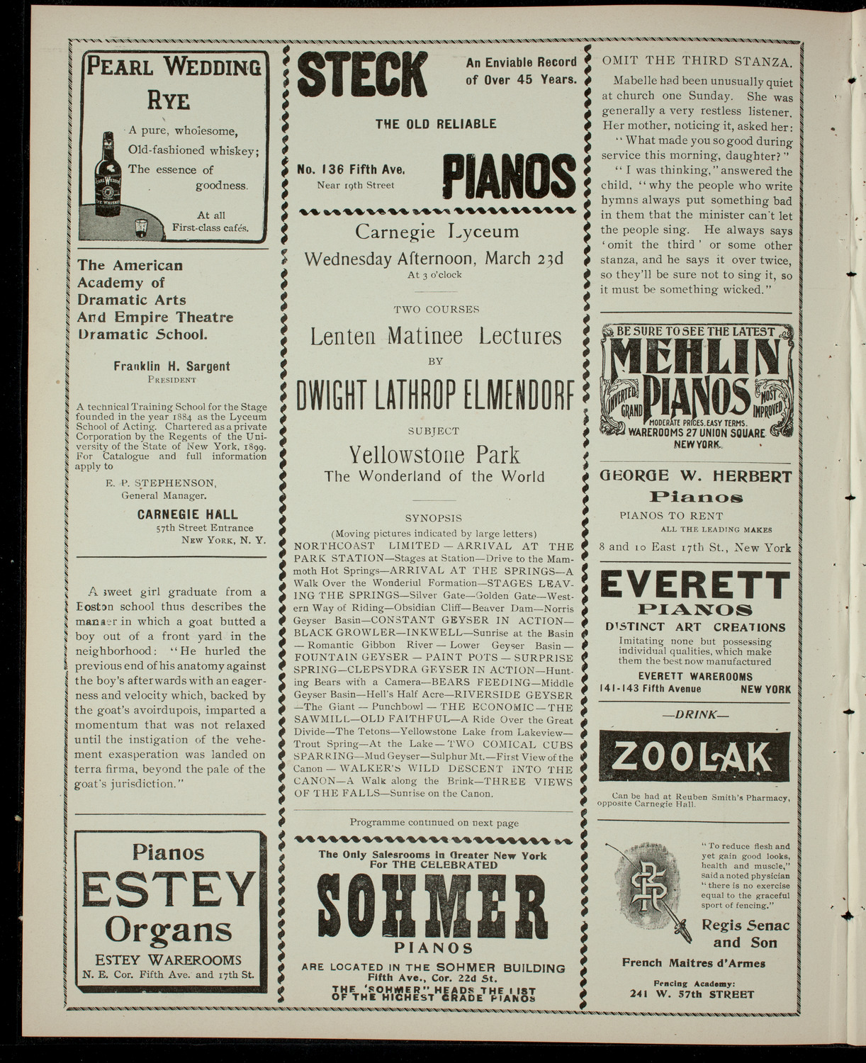 Elmendorf Lecture: Yellowstone Park, March 23, 1904, program page 2