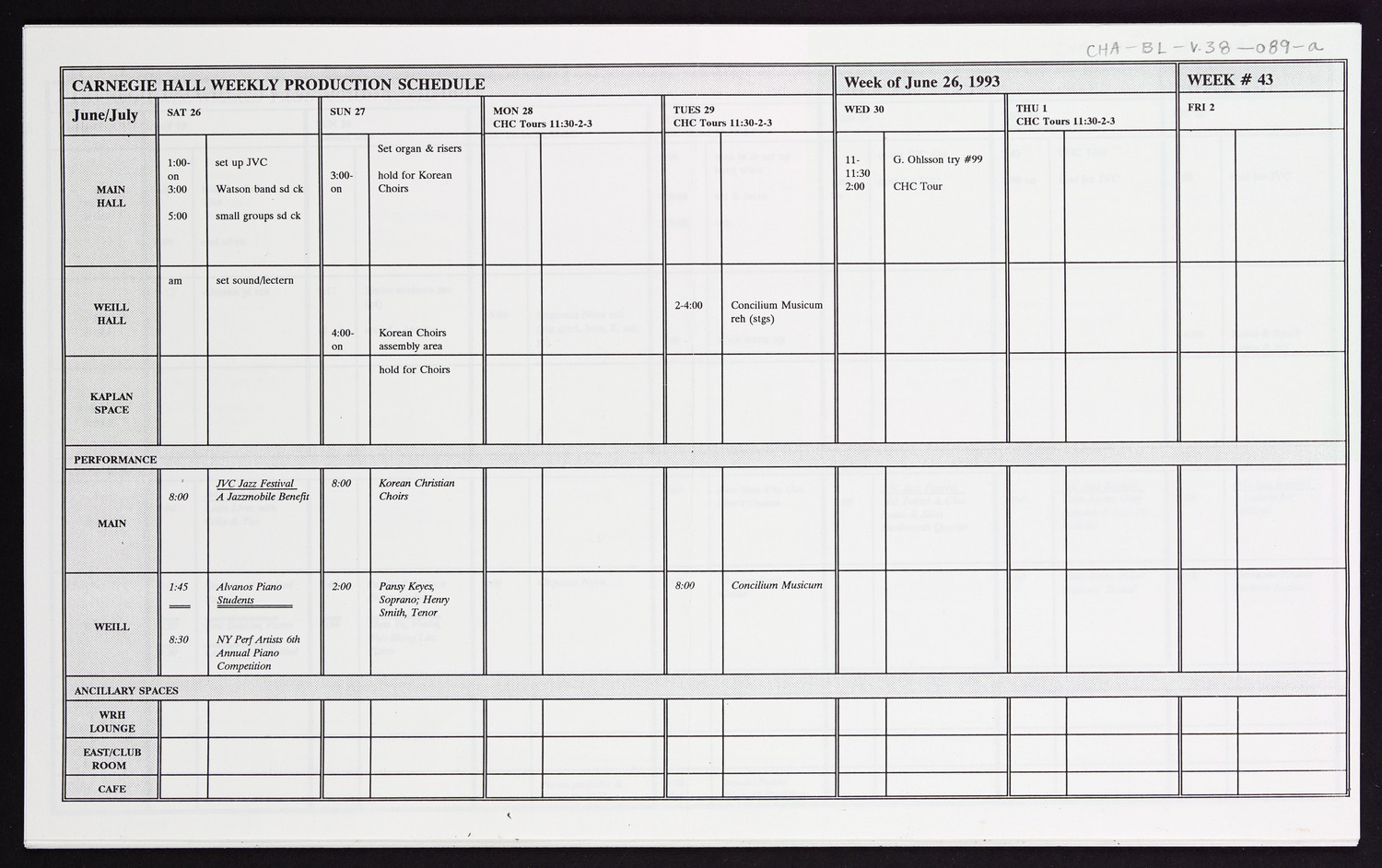 Carnegie Hall Booking Ledger, volume 38, page 89a