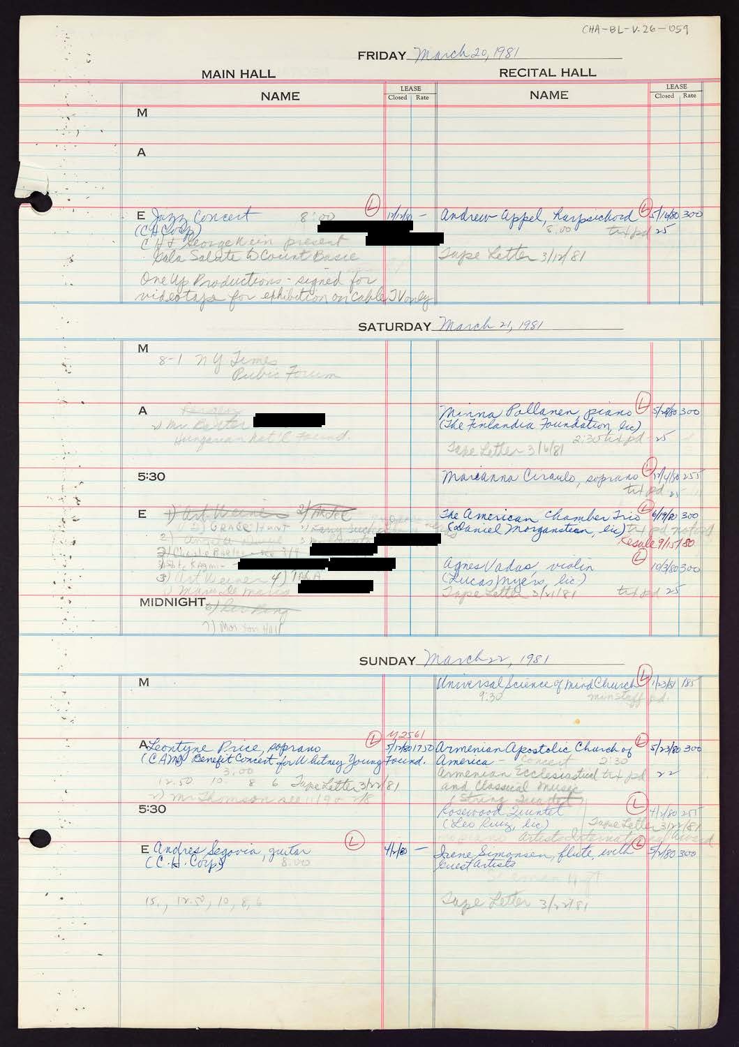 Carnegie Hall Booking Ledger, volume 26, page 59