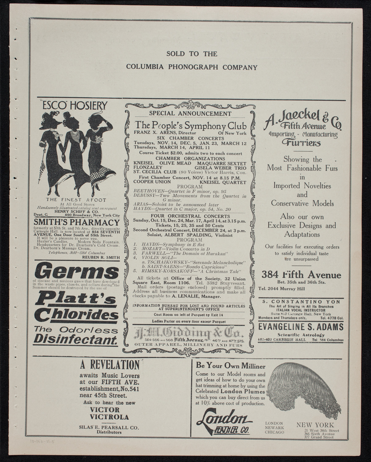 People's Symphony Concert, October 15, 1911, program page 9