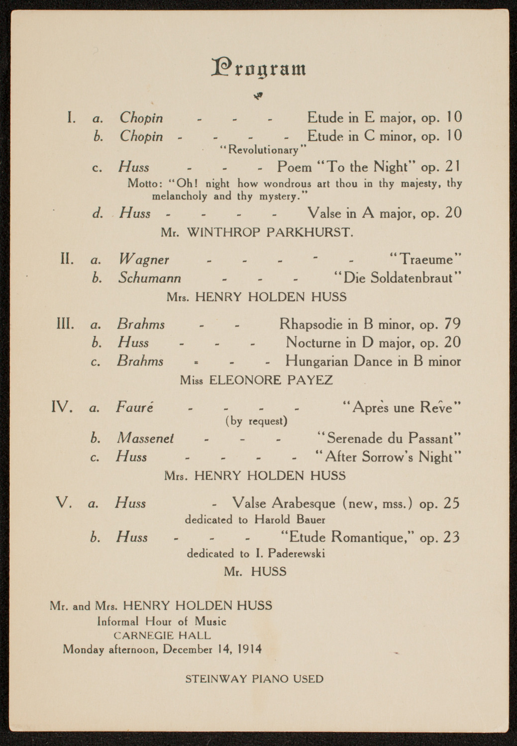 Mr. and Mrs. Henry Holden Huss, December 14, 1914, program page 1
