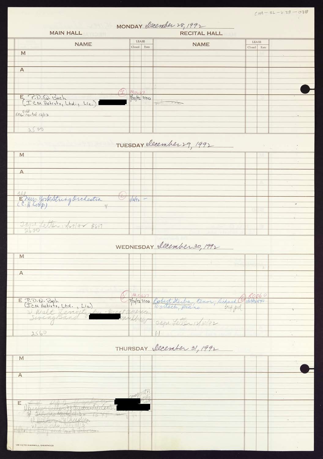 Carnegie Hall Booking Ledger, volume 38, page 38