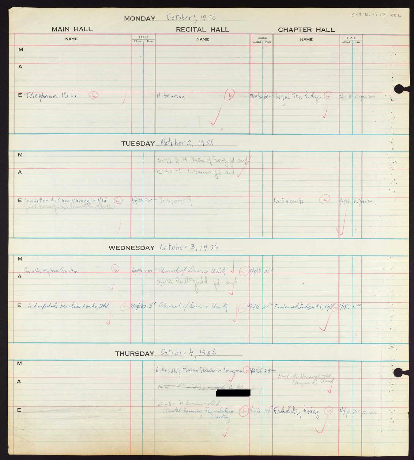 Carnegie Hall Booking Ledger, volume 2, page 2