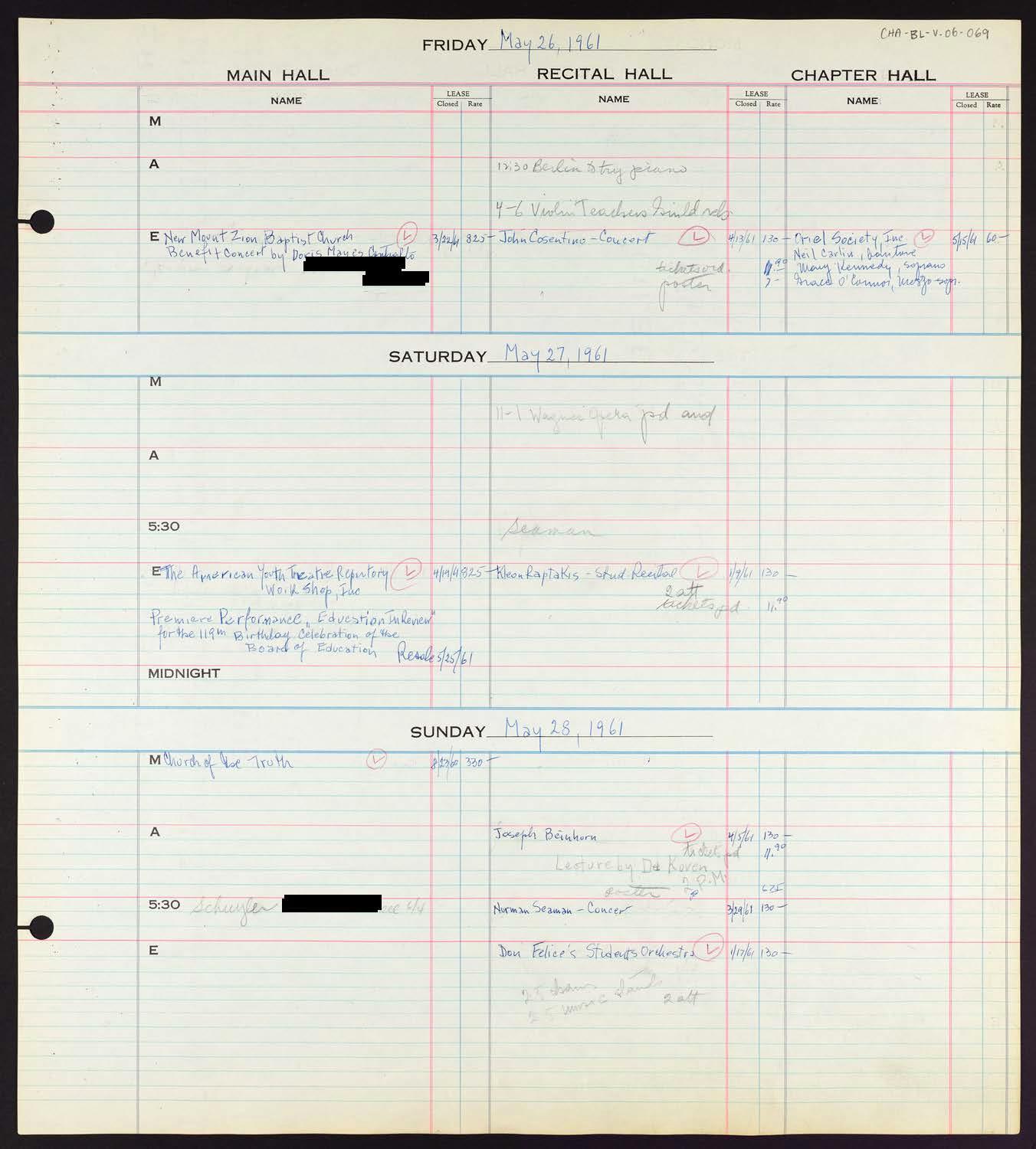 Carnegie Hall Booking Ledger, volume 6, page 69