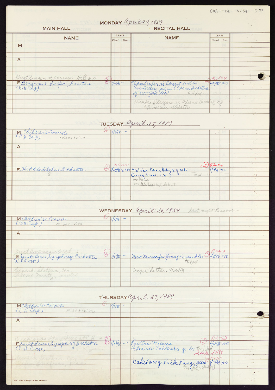 Carnegie Hall Booking Ledger, volume 34, page 72