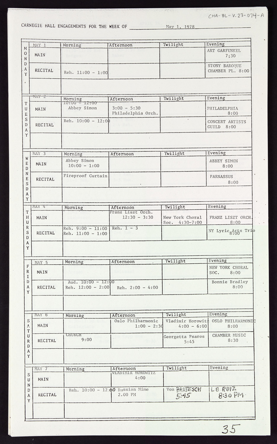 Carnegie Hall Booking Ledger, volume 23, page 74a