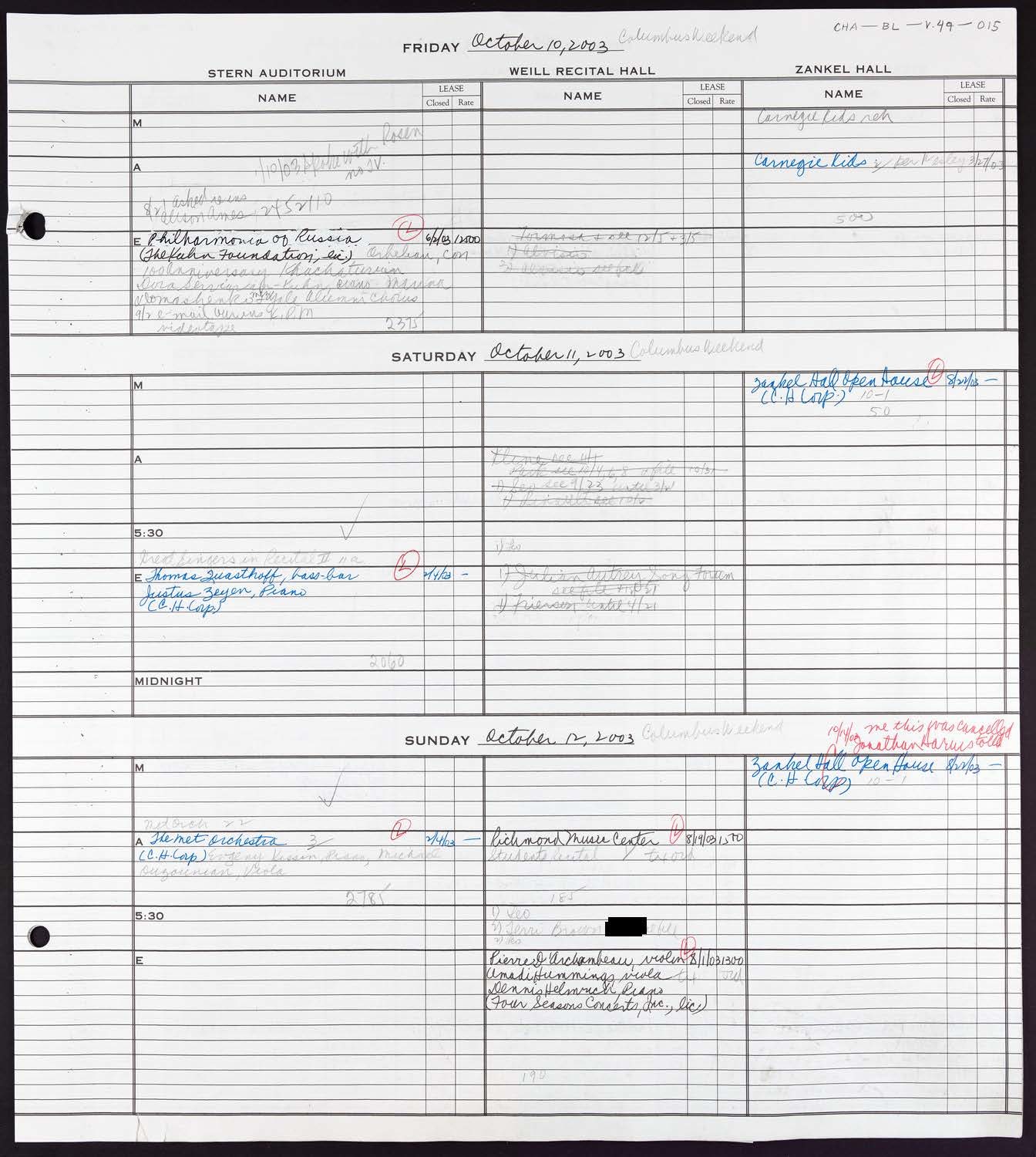 Carnegie Hall Booking Ledger, volume 49, page 15