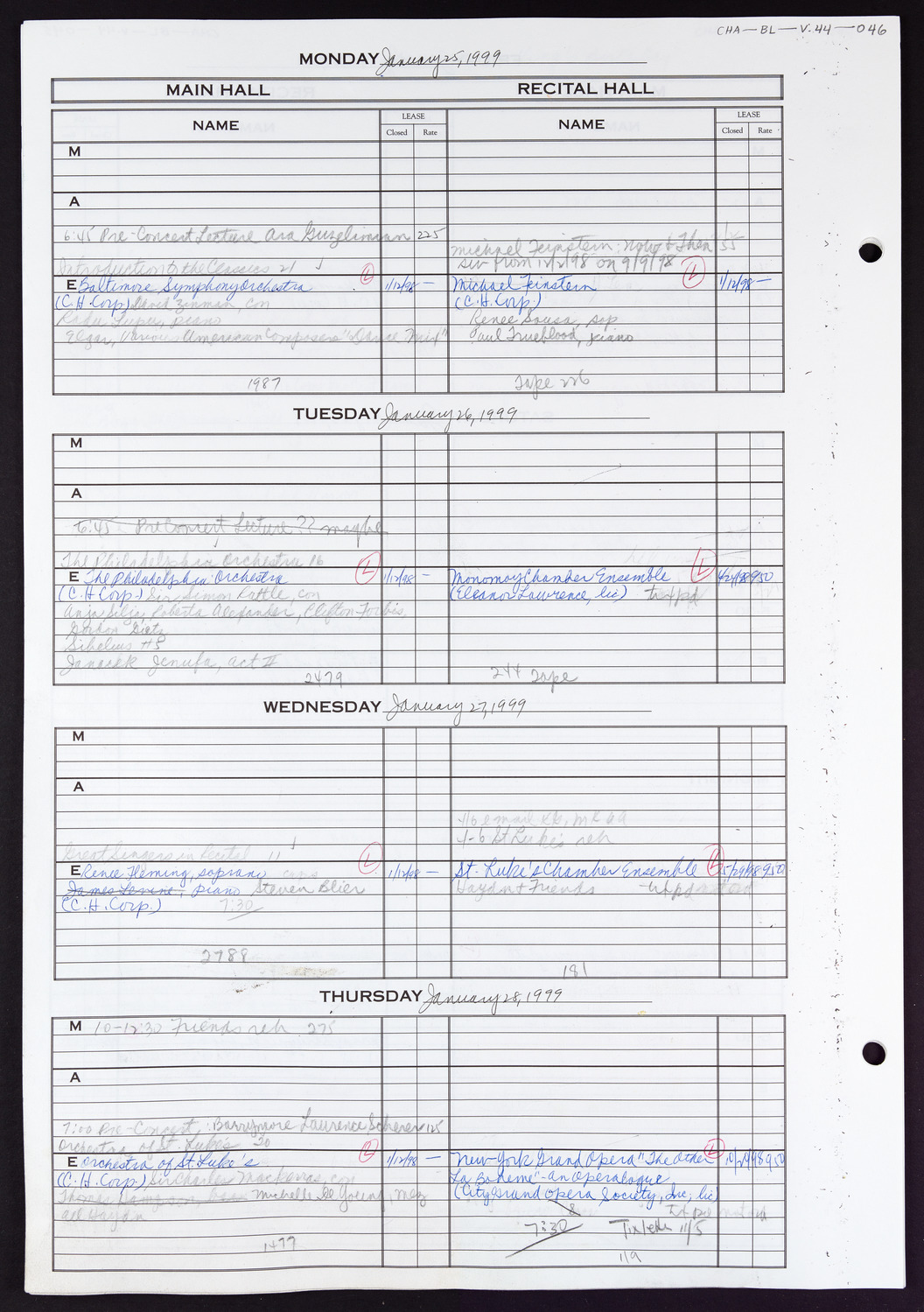 Carnegie Hall Booking Ledger, volume 44, page 46