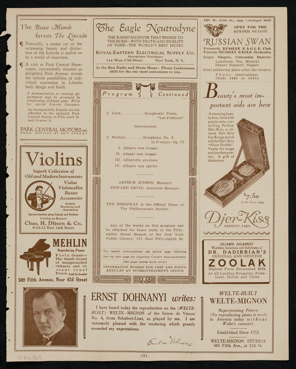 New York Philharmonic, October 31, 1925, program page 7