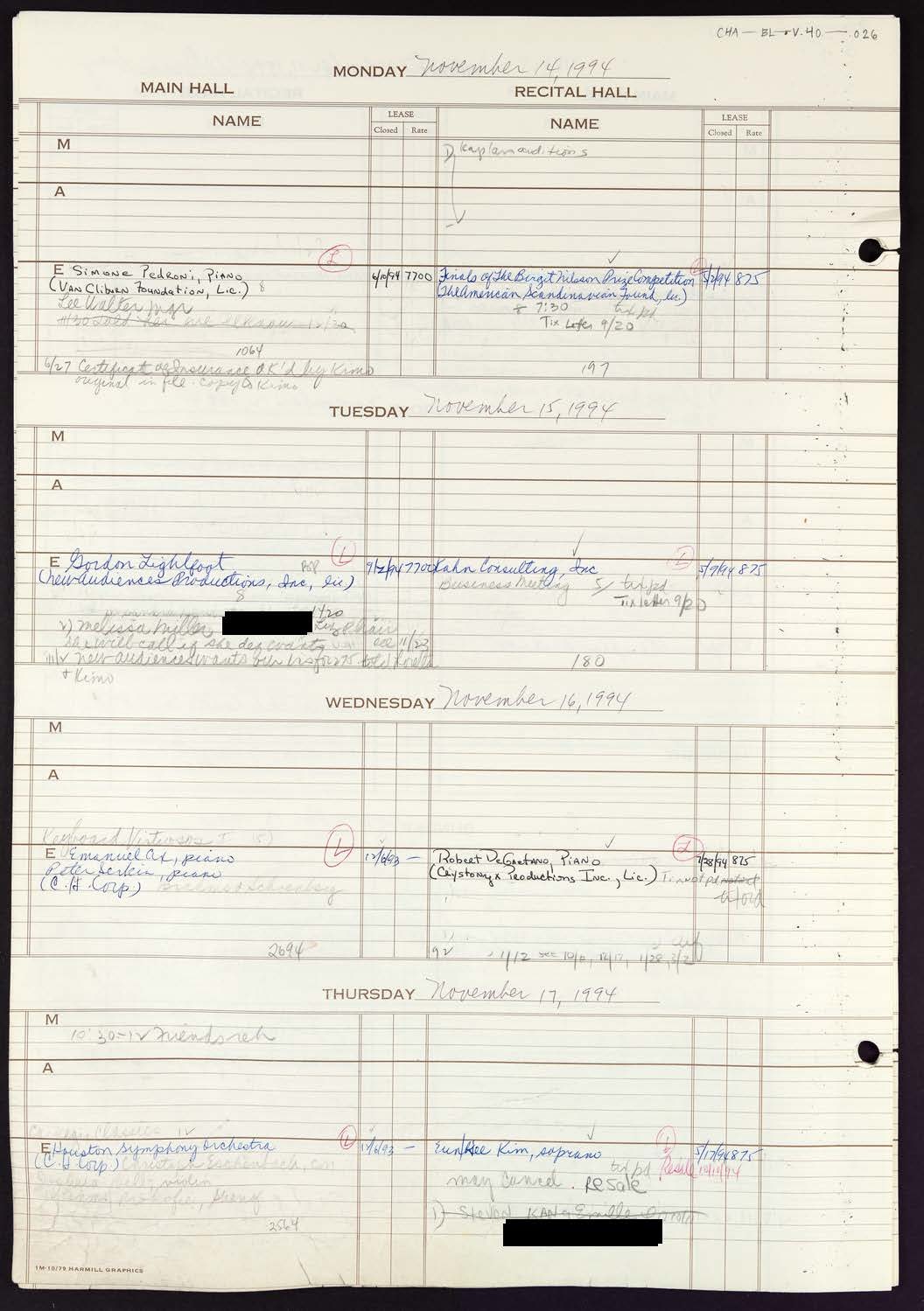 Carnegie Hall Booking Ledger, volume 40, page 26