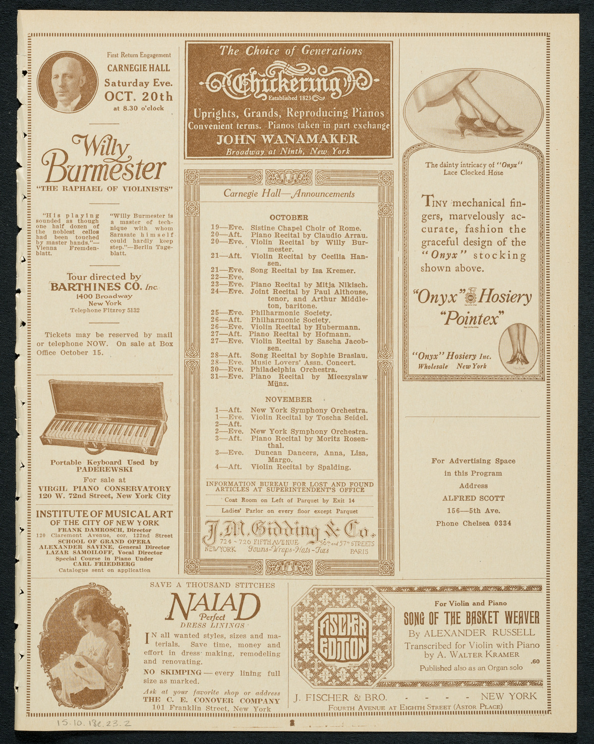 Sistine Chapel Choir, October 18, 1923, program page 3